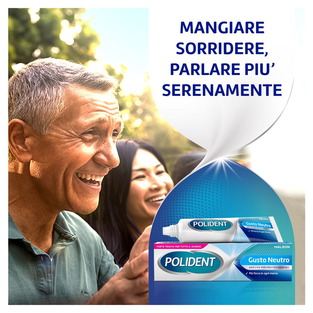 Un couple souriant. Deux tubes Polident. Inscription : GUSTO NEUTRO. Adhésif pour prothèses dentaires.