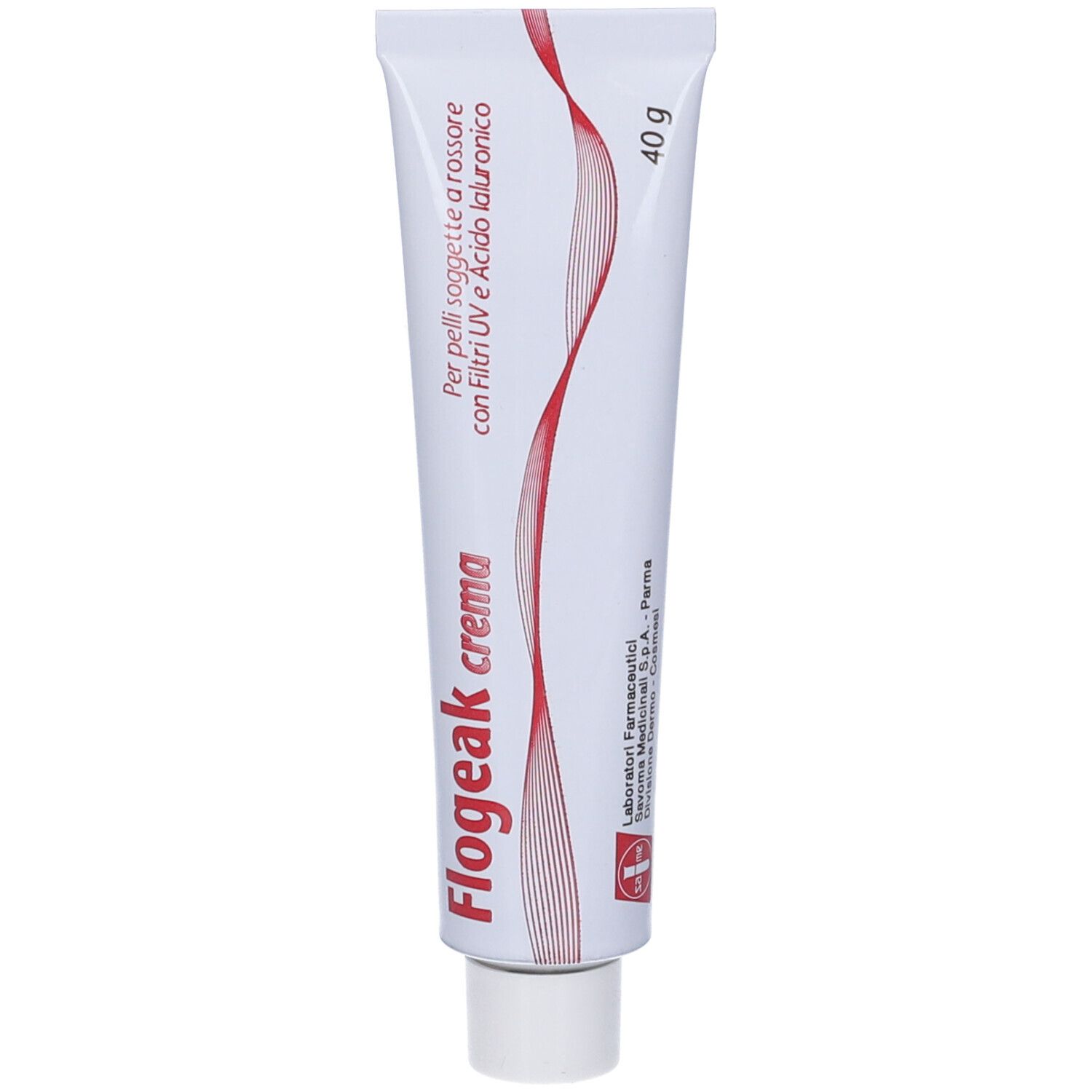 Tube de crème avec bande rouge et texte. Nom du produit: Flogeak crema. Contenu: 40 g. Logo du fabricant.