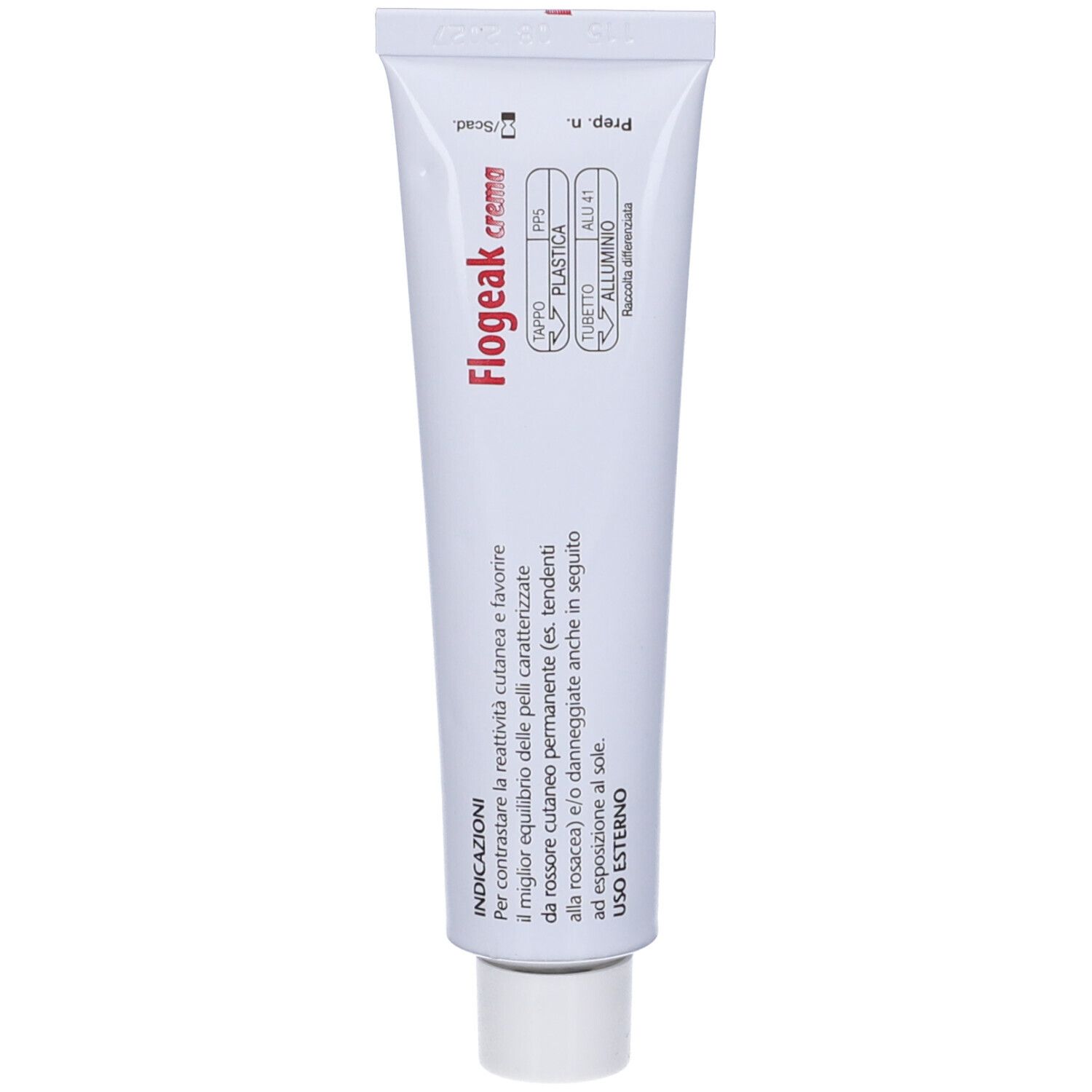 Tube de crème blanche avec texte Flogeak crema. Texte: Pour la peau. Contenu: 40 g. Informations du fabricant.