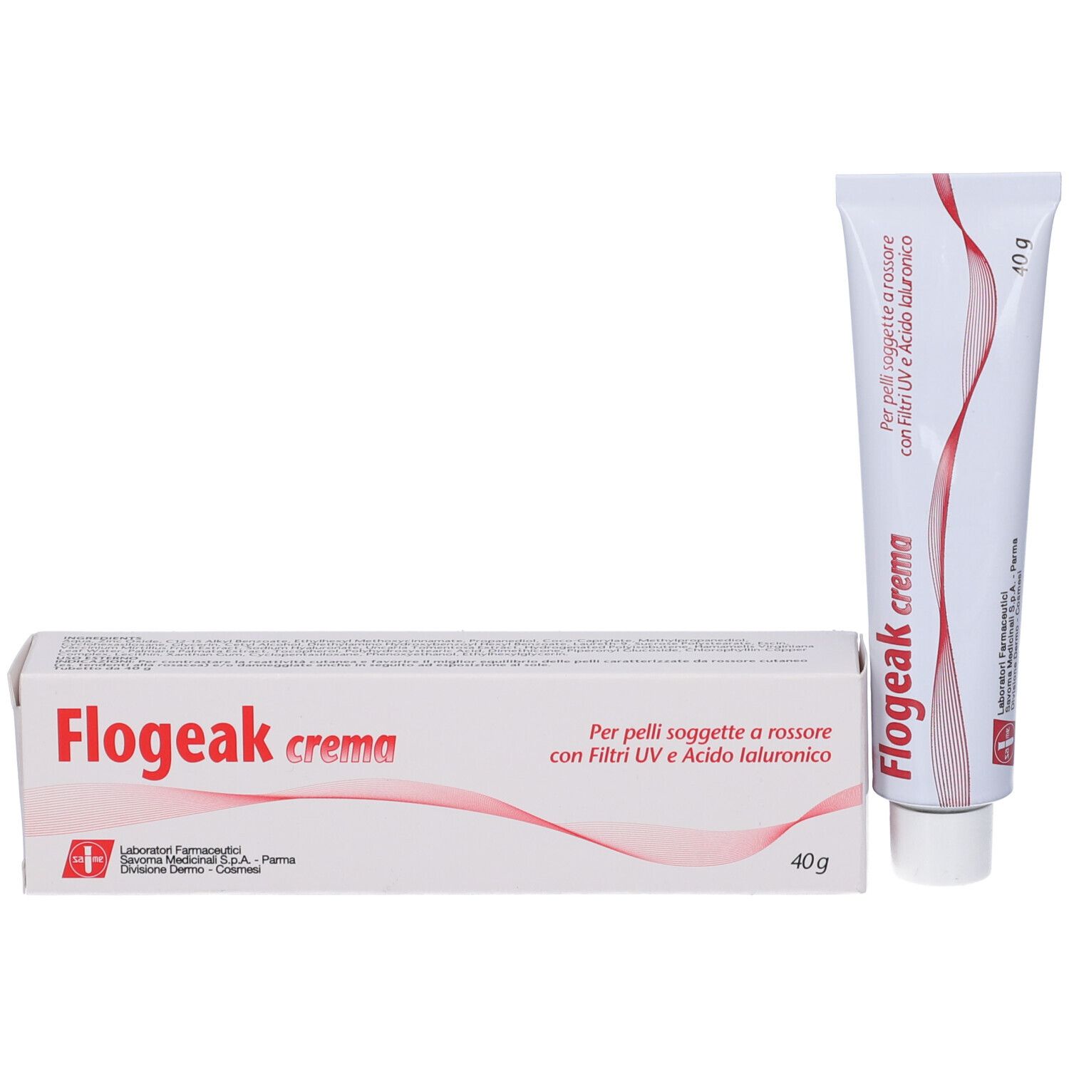 Emballage et tube du produit. Emballage: Flogeak crema, 40 g. Tube: Flogeak crema, 40 g. Bande rouge avec texte.