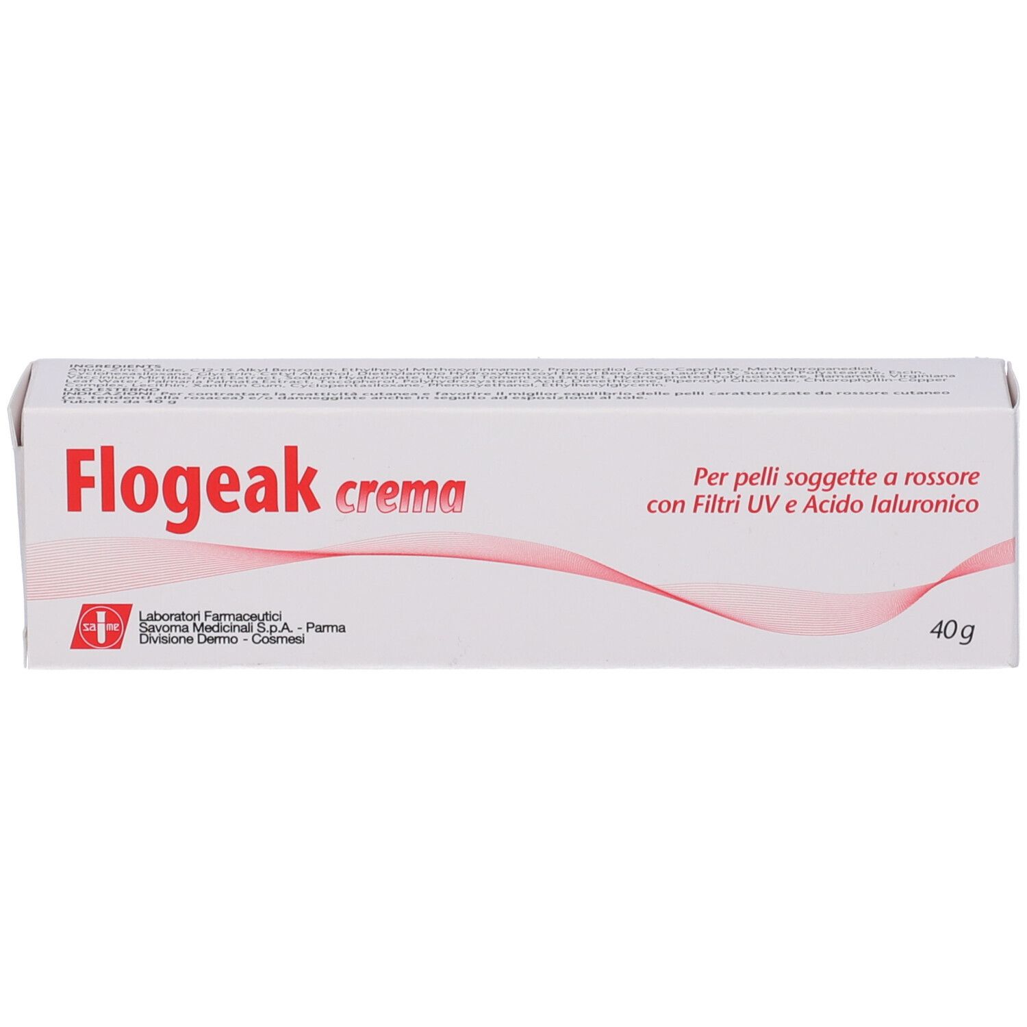 Emballage du produit. Blanc avec bande rouge. Texte: Flogeak crema. Texte: Pour peaux rouges. Contenu: 40 g.