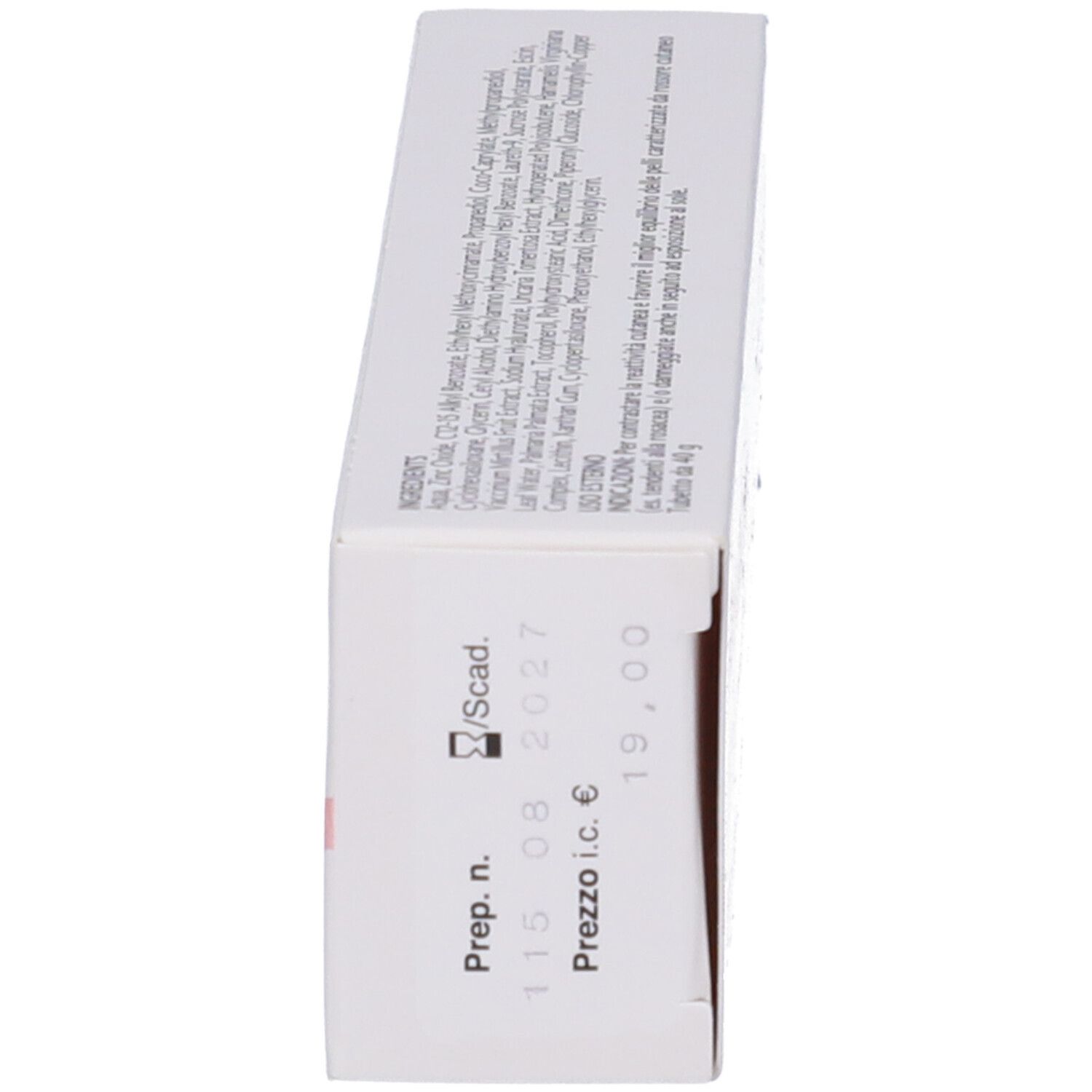 Emballage du produit, vue latérale. Texte: Flogeak crema. Bande rouge. Informations du fabricant et ingrédients.