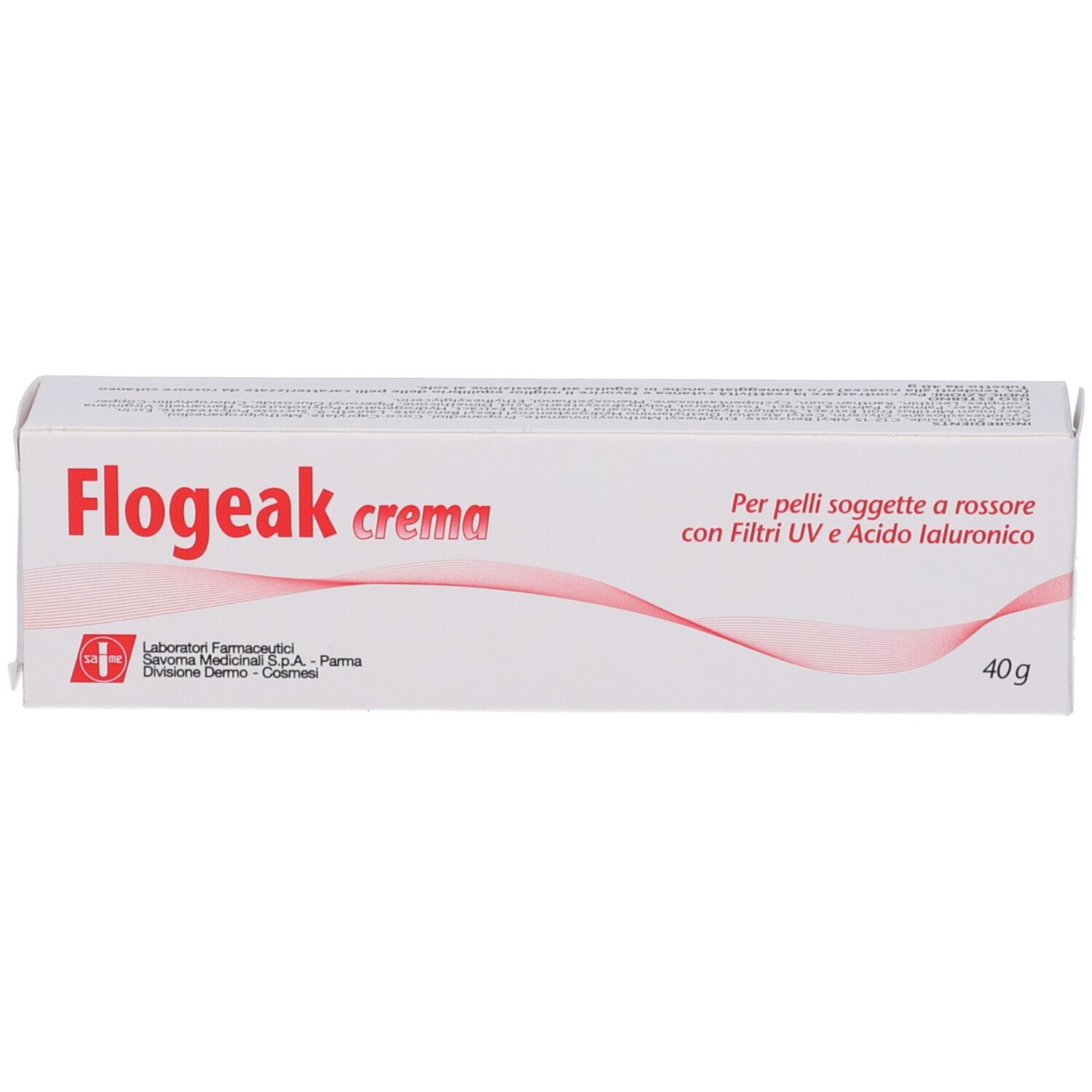 Emballage du produit. Texte: Flogeak crema. Bande rouge avec texte. Logo et informations du fabricant.