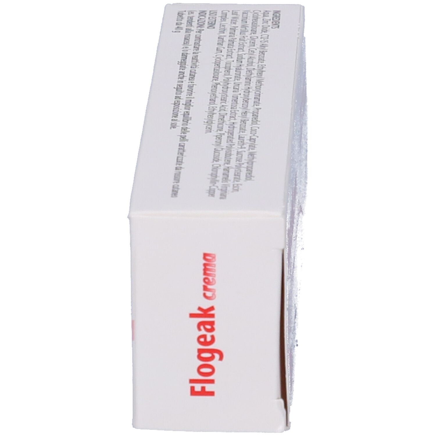 Emballage du produit, vue latérale. Texte: Flogeak crema. Texte: Expiration 03.2024. Prix et numéro de lot.