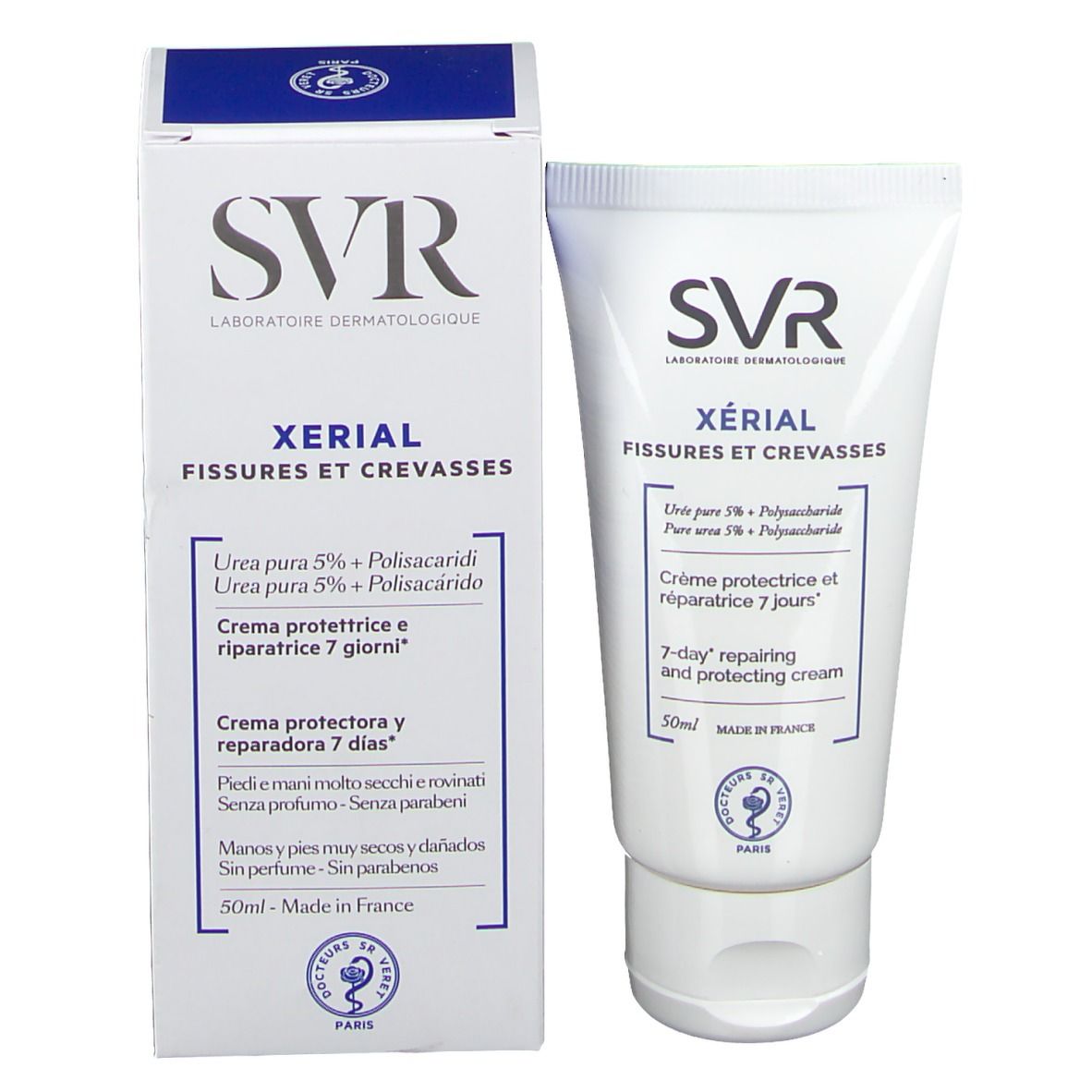 SVR Xeriale Tube und Schachtel. Text: Xerial, Fissures et Crevasses. 7-Tage-Reparaturcreme. 50ml. Logo.