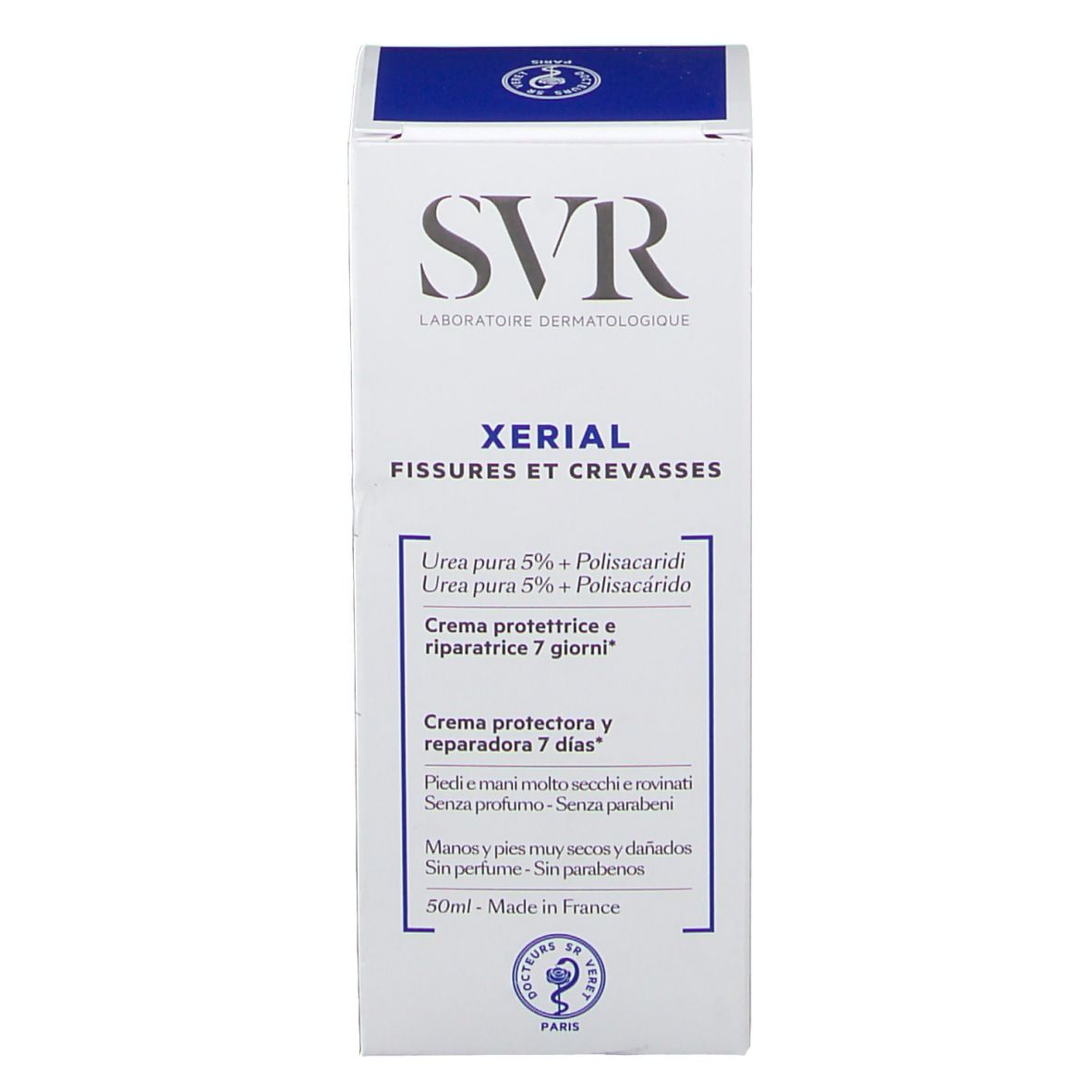 SVR Xeriale Schachtel. Text: Xerial, Fissures et Crevasses. 7-Tage-Reparaturcreme. 50ml. Logo.
