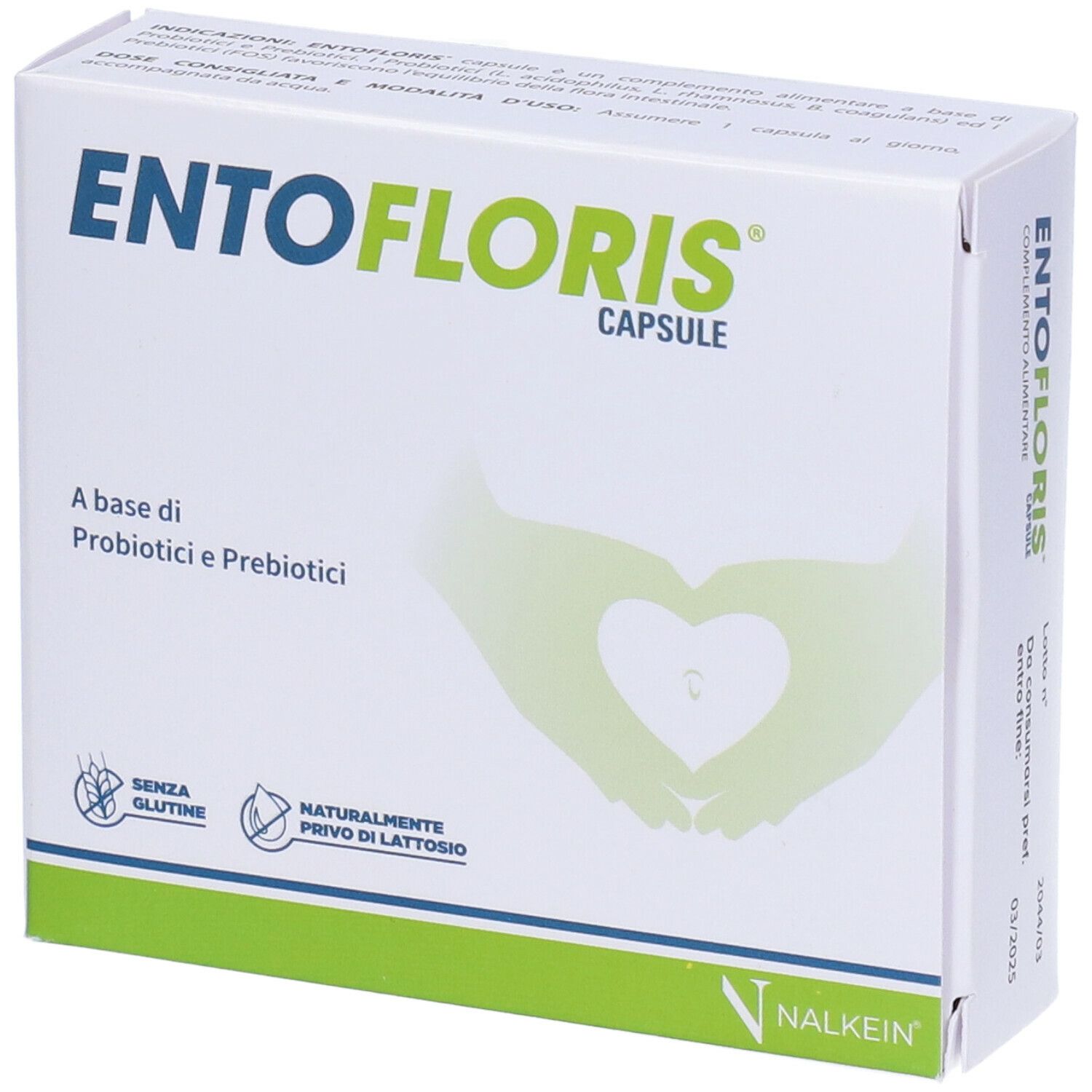Boîte "ENTOFLORIS CAPSULE". Inscription : "A base di Probiotici e Prebiotici". Logos : "Senza glutine" et "Naturalmente privo di lattosio".