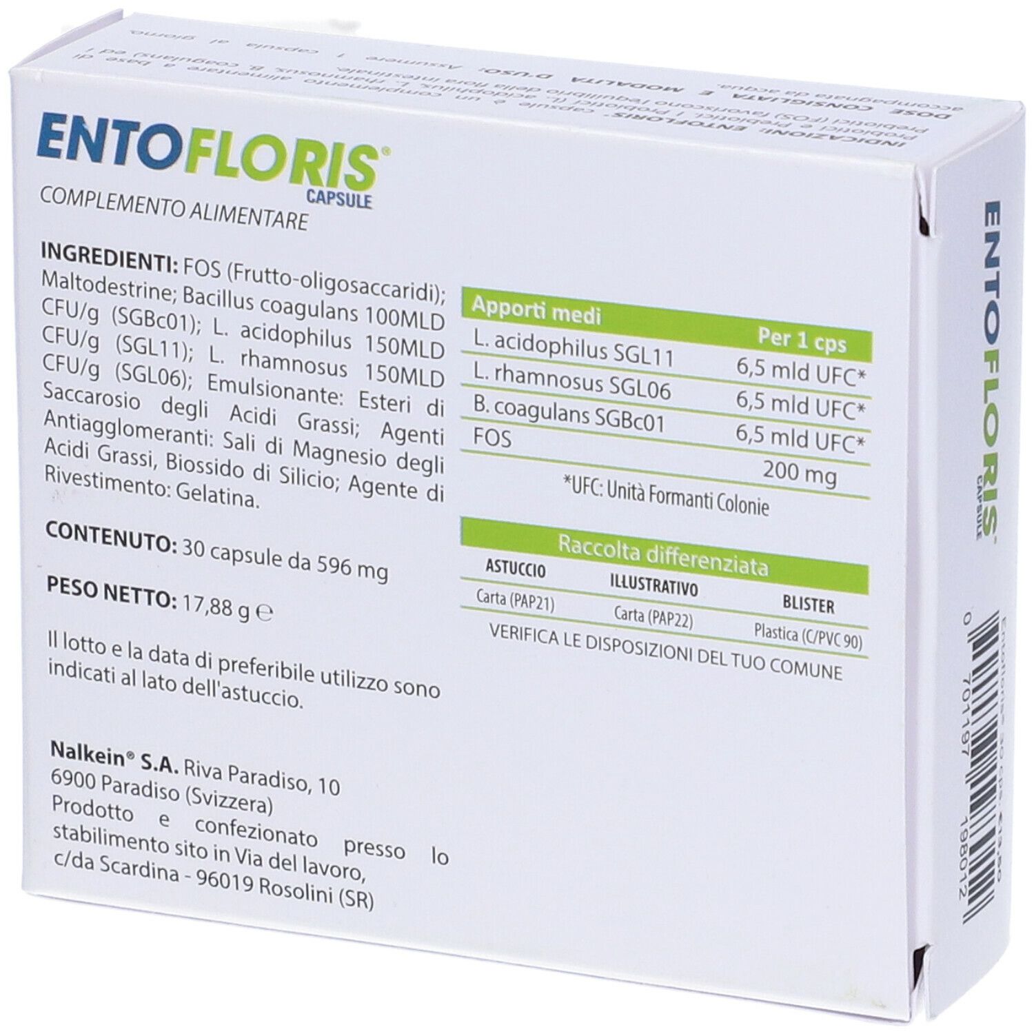 Dos de la boîte "ENTOFLORIS CAPSULE". Contient des informations sur les ingrédients, le dosage et le fabricant. Texte en italien.