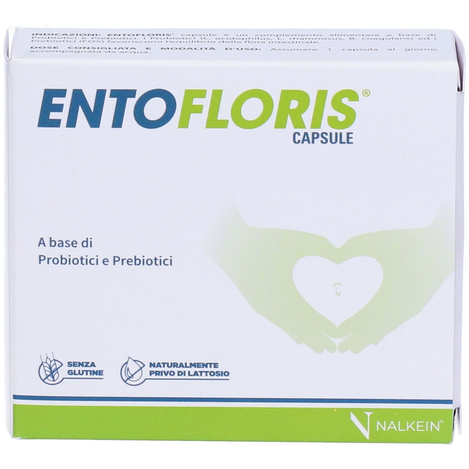 Boîte "ENTOFLORIS CAPSULE". Inscription : "A base di Probiotici e Prebiotici". Logos : "Senza glutine" et "Naturalmente privo di lattosio".