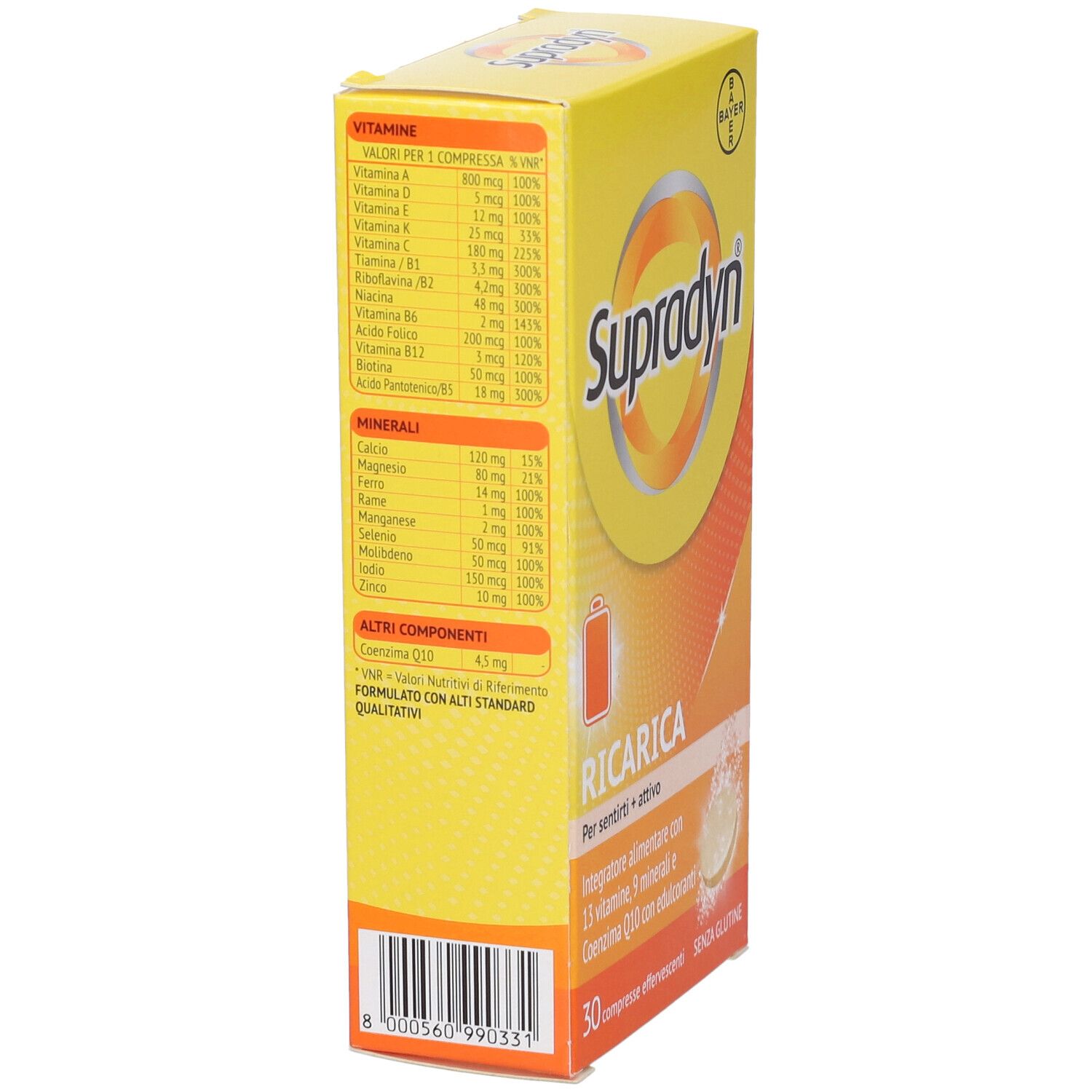 Boîte jaune Supradyn Recharge. Informations nutritionnelles, ingrédients. Logo Bayer.