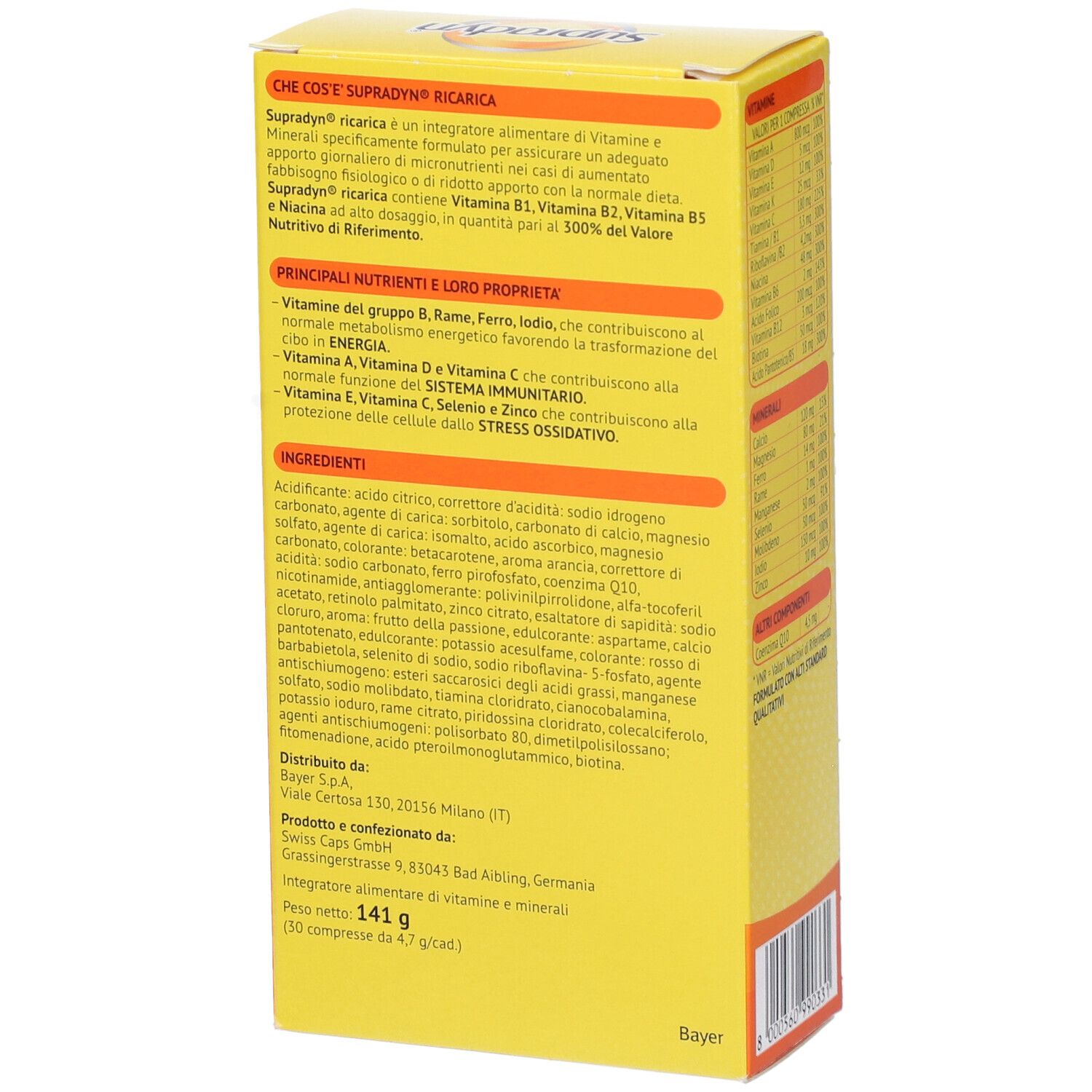 Boîte jaune Supradyn Recharge. Informations d'utilisation et ingrédients. Logo Bayer.
