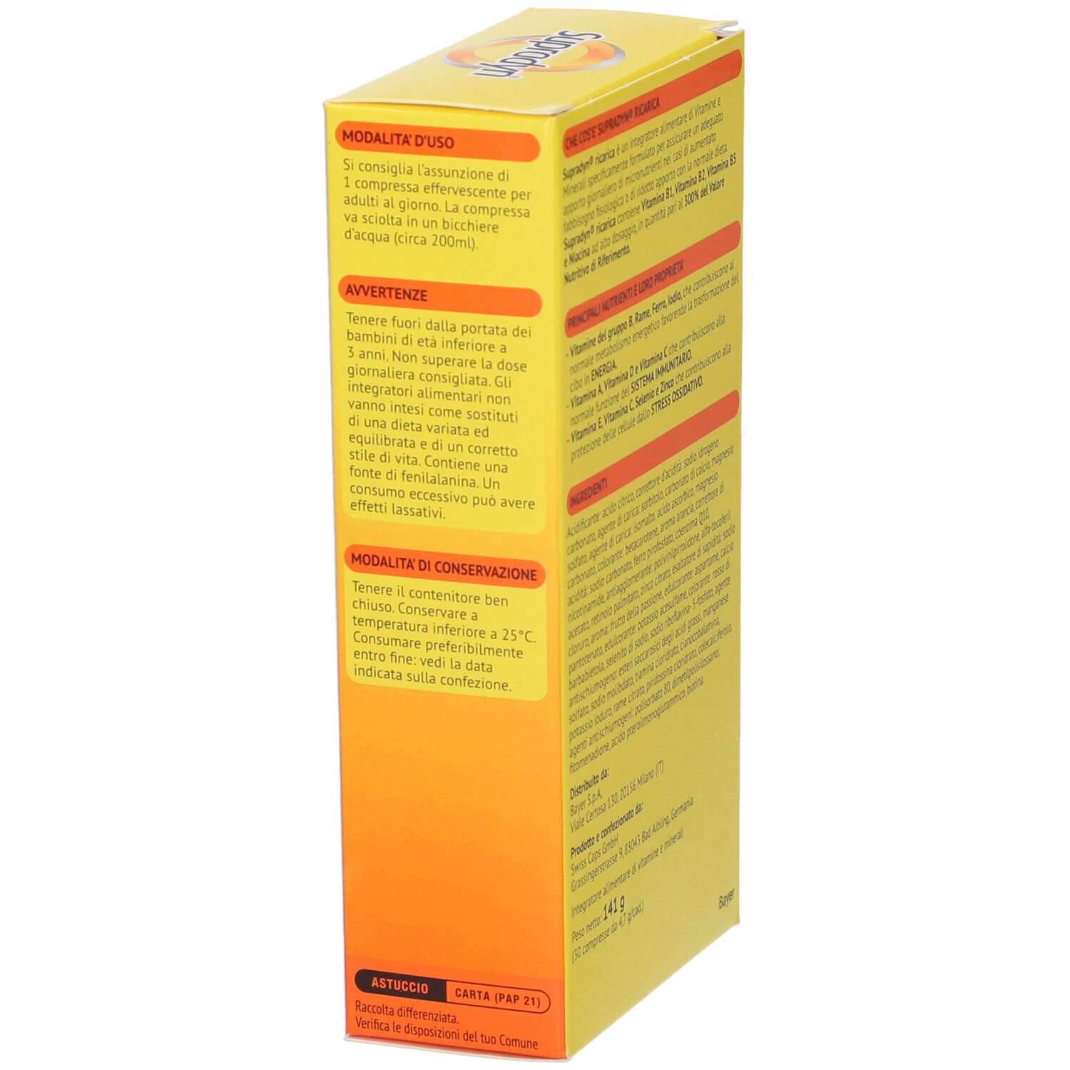 Boîte jaune Supradyn Recharge. Informations d'utilisation et de stockage. Logo Bayer.