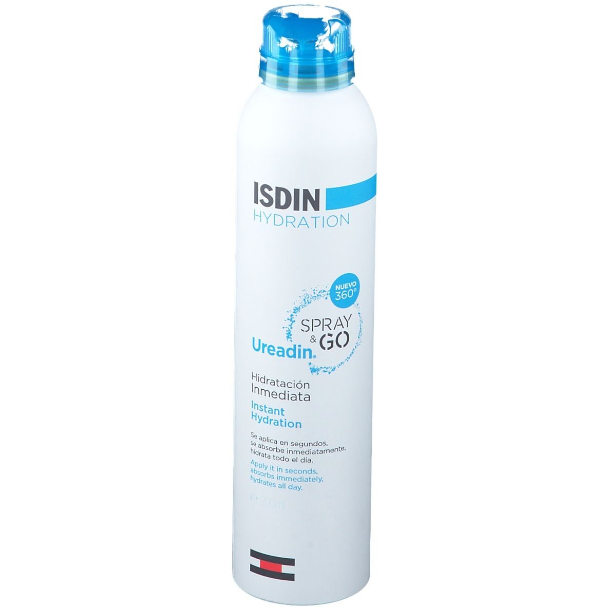 Flacon spray blanc avec bouchon bleu. Inscription: ISDIN HYDRATION, Ureadin Spray & Go. Hydratation instantanée.