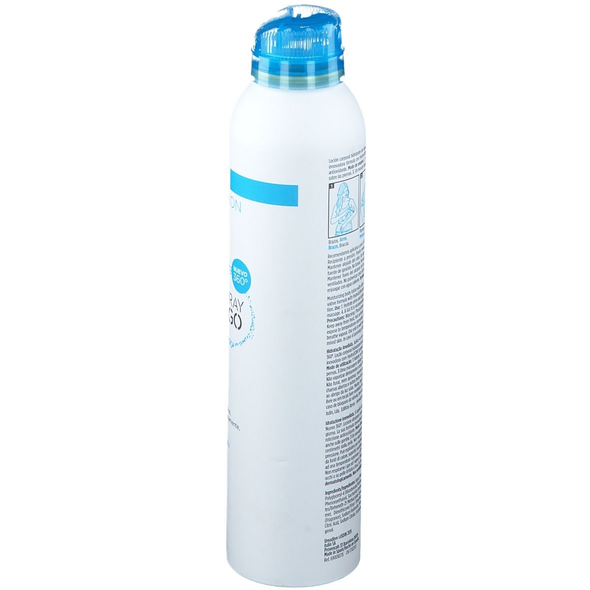 Flacon spray blanc avec bouchon bleu. Texte et pictogrammes sur le côté. ISDIN HYDRATION, Ureadin Spray & Go.