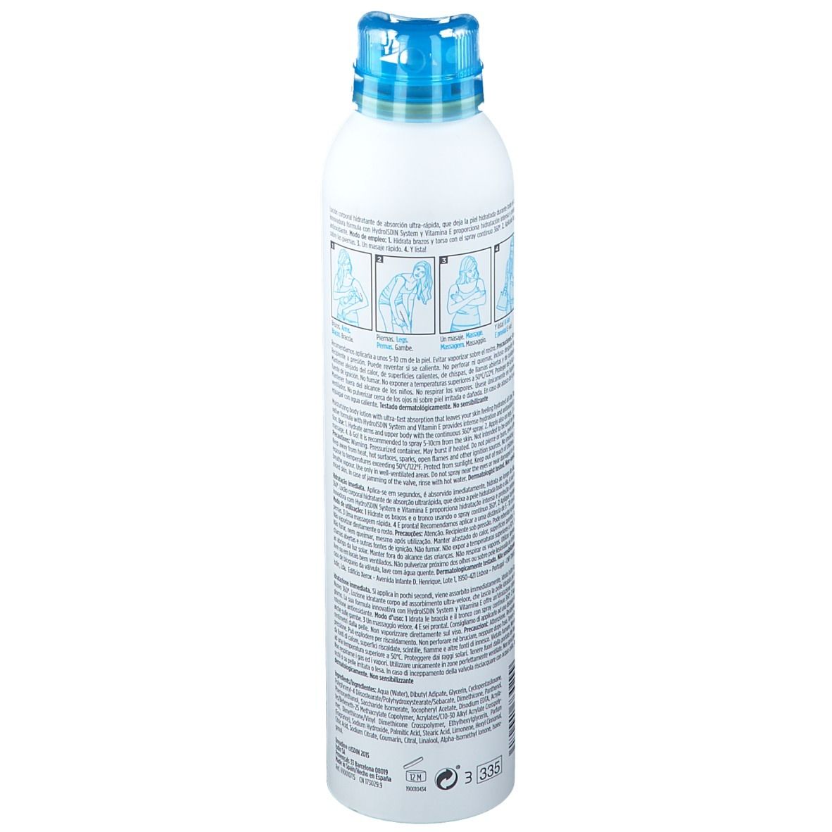 Flacon spray blanc avec bouchon bleu. Texte et pictogrammes sur le côté. ISDIN HYDRATION, Ureadin Spray & Go.