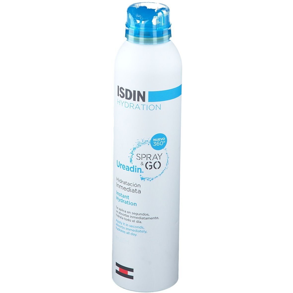 Flacon spray blanc avec bouchon bleu. Inscription: ISDIN HYDRATION, Ureadin Spray & Go. Hydratation instantanée.