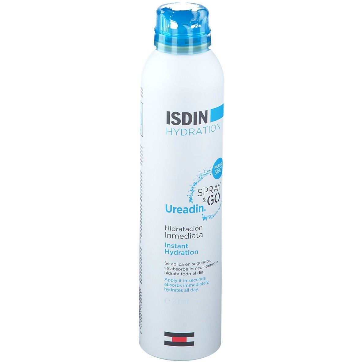 Flacon spray blanc avec bouchon bleu. Inscription: ISDIN HYDRATION, Ureadin Spray & Go. Hydratation instantanée.