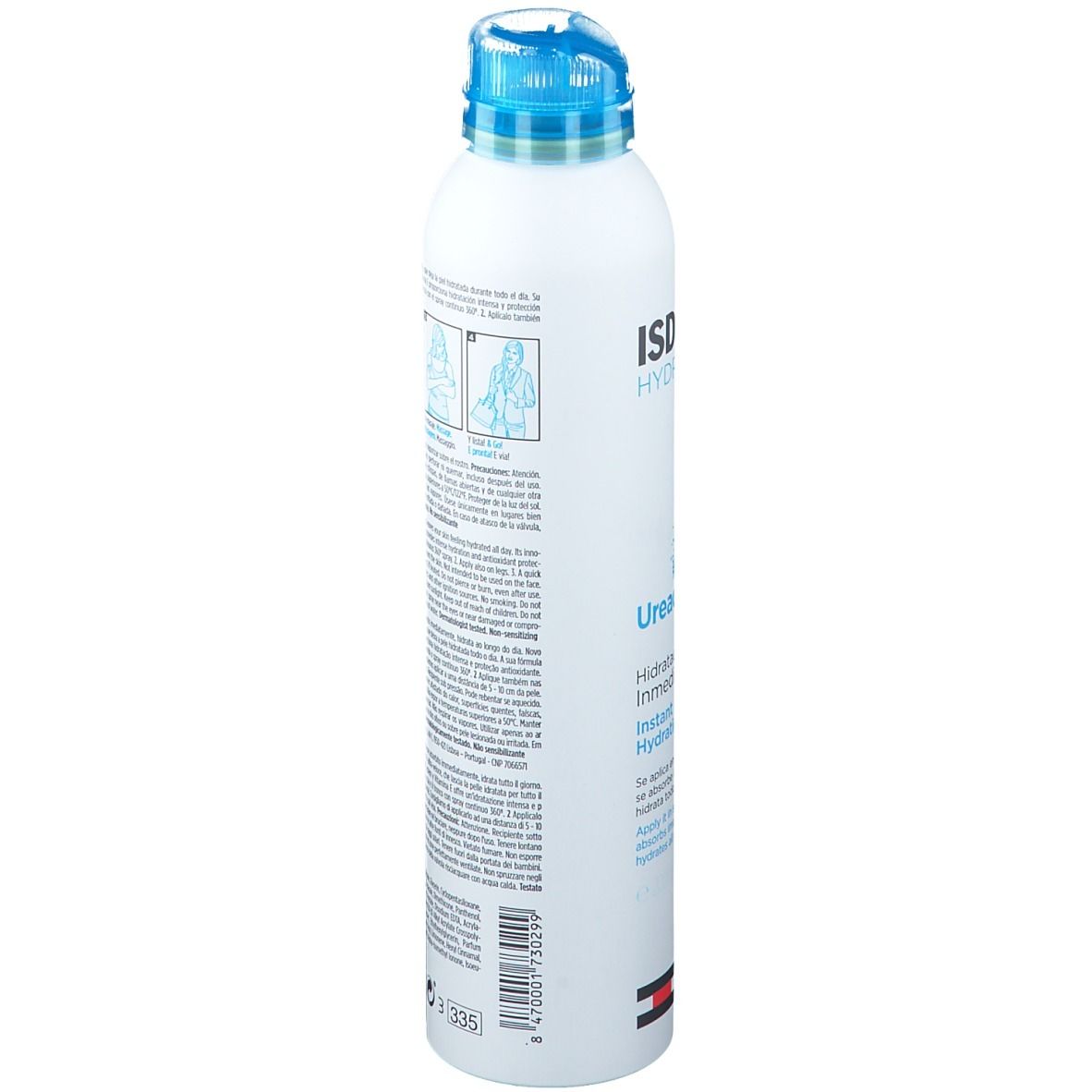 Flacon spray blanc avec bouchon bleu. Texte et pictogrammes sur le côté. ISDIN HYDRATION, Ureadin Spray & Go.