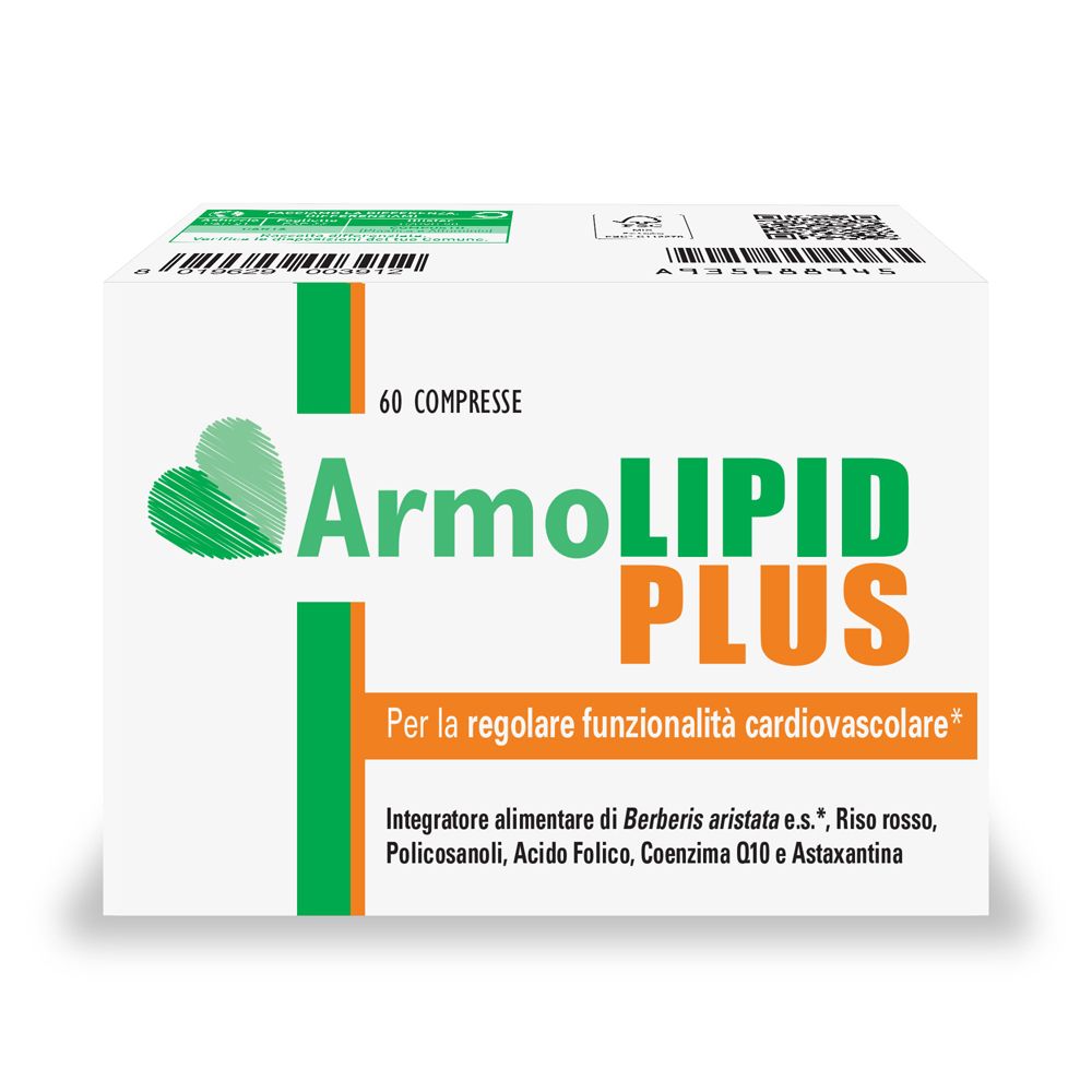 Boîte de 60 comprimés. Inscription ArmoLIPID PLUS. Design vert et orange. Pour la fonction cardiovasculaire.