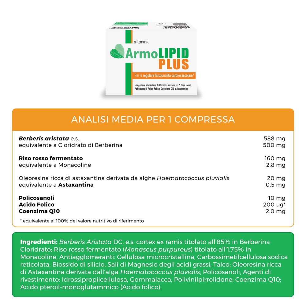 Tableau des ingrédients d'ArmoLIPID PLUS. Ingrédients et analyse par comprimé. Nom du produit en haut.