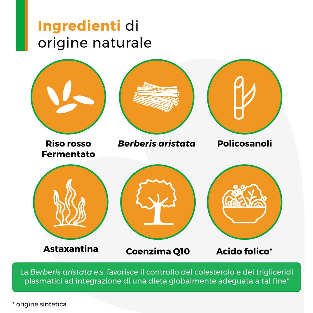 Représentation graphique des ingrédients naturels. Riz rouge, berberis, astaxanthine, coenzyme Q10, acide folique.