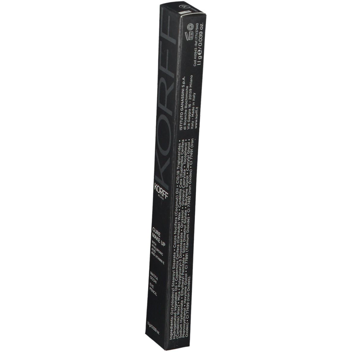 KORFF Cure Make Up Augenstift-Verpackung. Schwarze Schachtel. Produktname, Inhaltsstoffe und Logo.