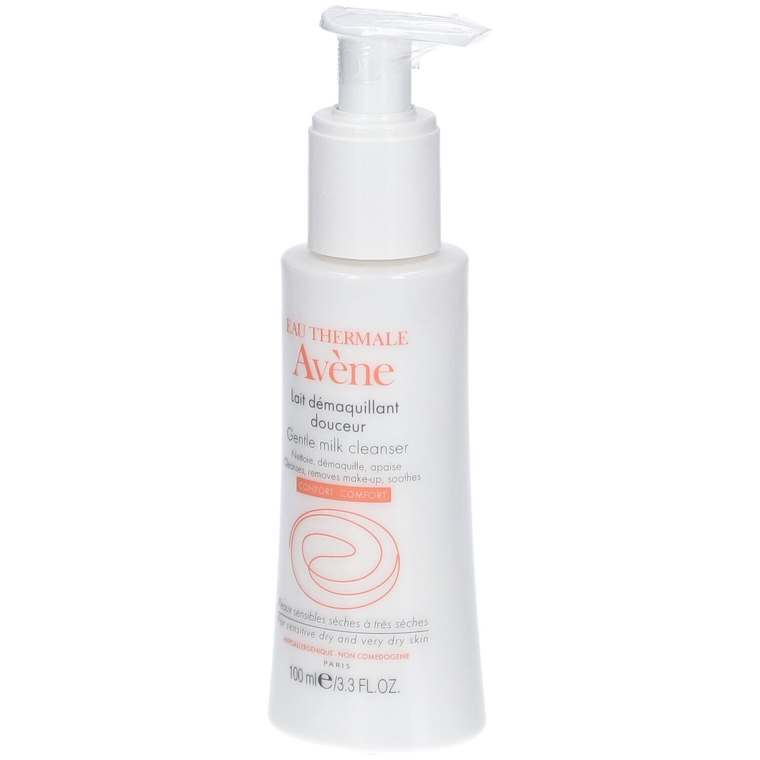 Weiße Flasche mit Pumpe. Aufschrift: Eau Thermale Avène, lait démaquillant douceur, Gentle milk cleanser.