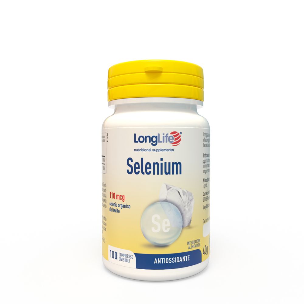 Weiße Flasche mit gelbem Deckel. Aufschrift: LongLife Selenium. Enthält 100 Tabletten. Antioxidans.