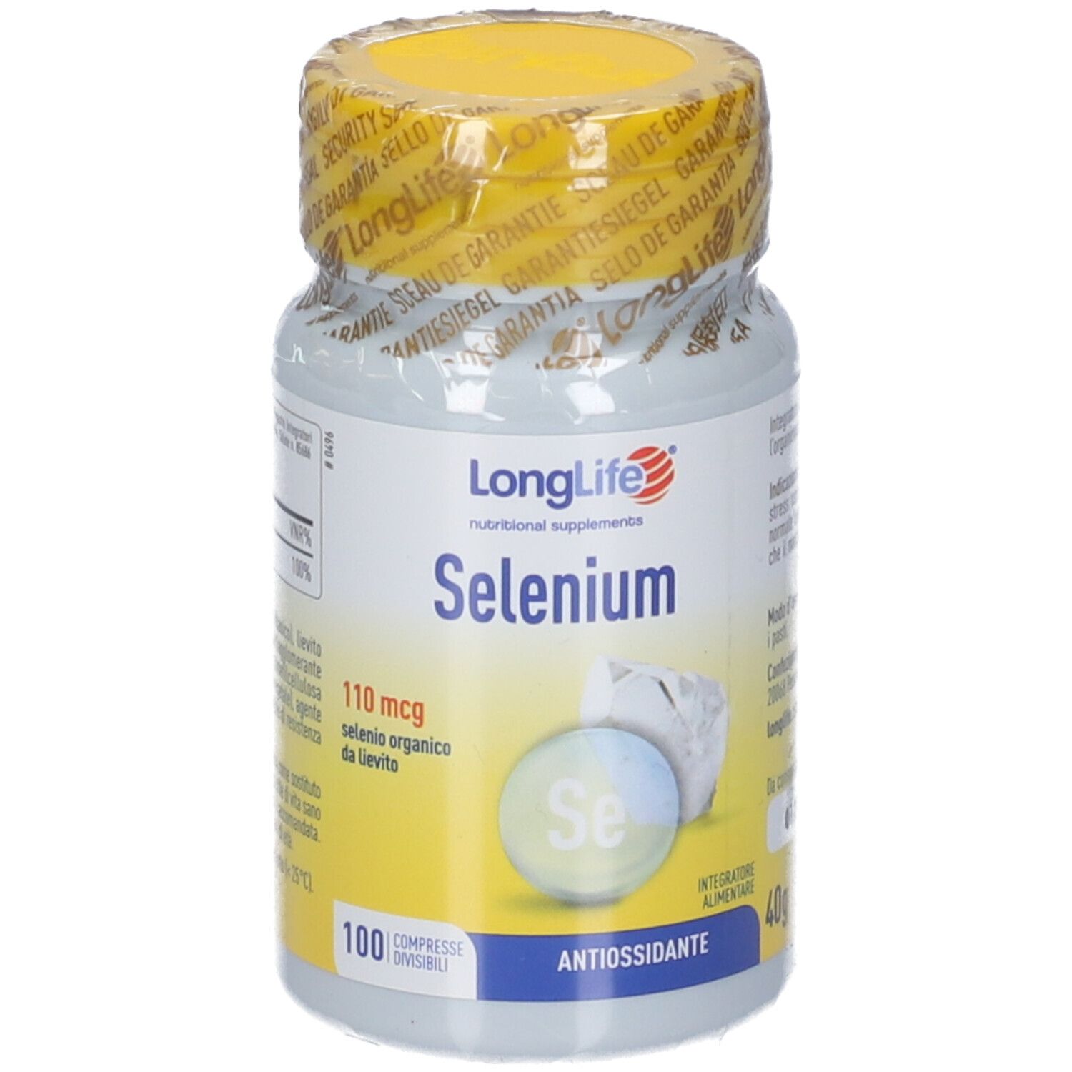 Flacon de LongLife® Selenium. Inscription: 110 mcg Selenio organico da lievito. 100 comprimés divisibles. Antioxydant.