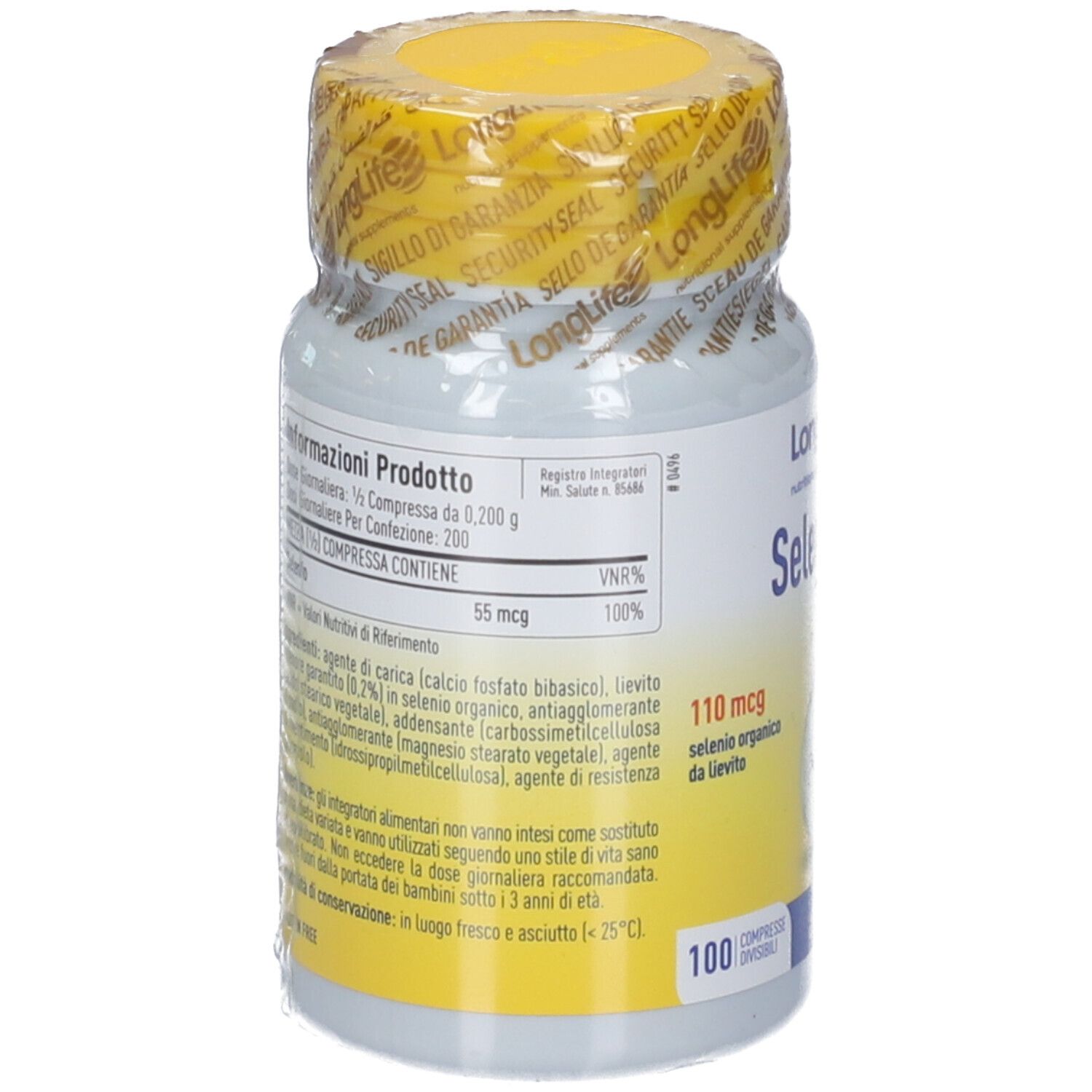 Dos de la bouteille LongLife® Selenium. Informations sur les ingrédients et la valeur nutritionnelle. 100 comprimés divisibles. 110 mcg Sélénium.