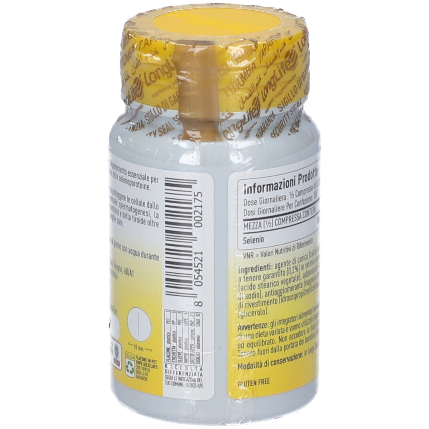 Dos de la bouteille LongLife® Selenium. Code-barres et informations. Sans gluten. 100 comprimés divisibles. 110 mcg Sélénium.