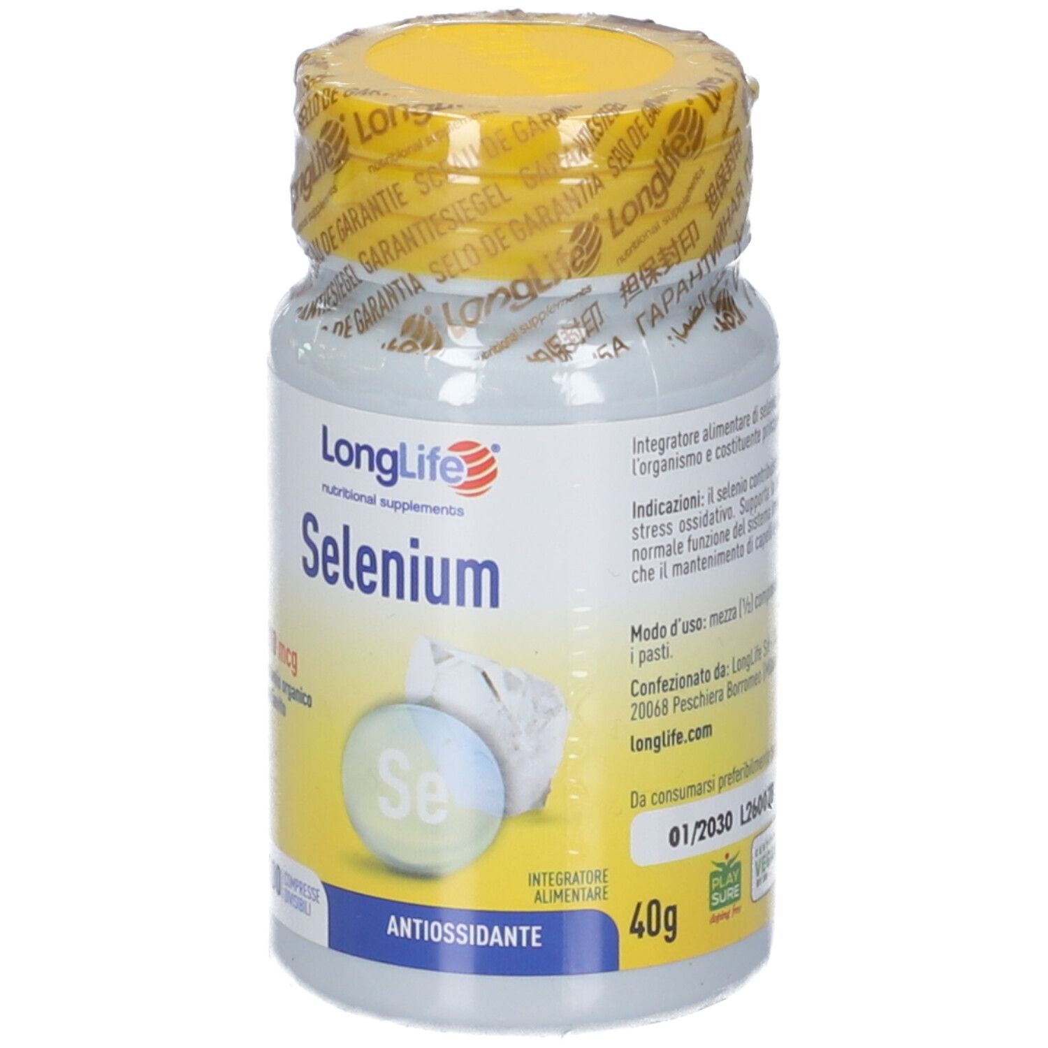 Flacon LongLife® Selenium. Inscription: Antioxydant. 40g. Informations d'utilisation. 01/2030. Longlife.com.