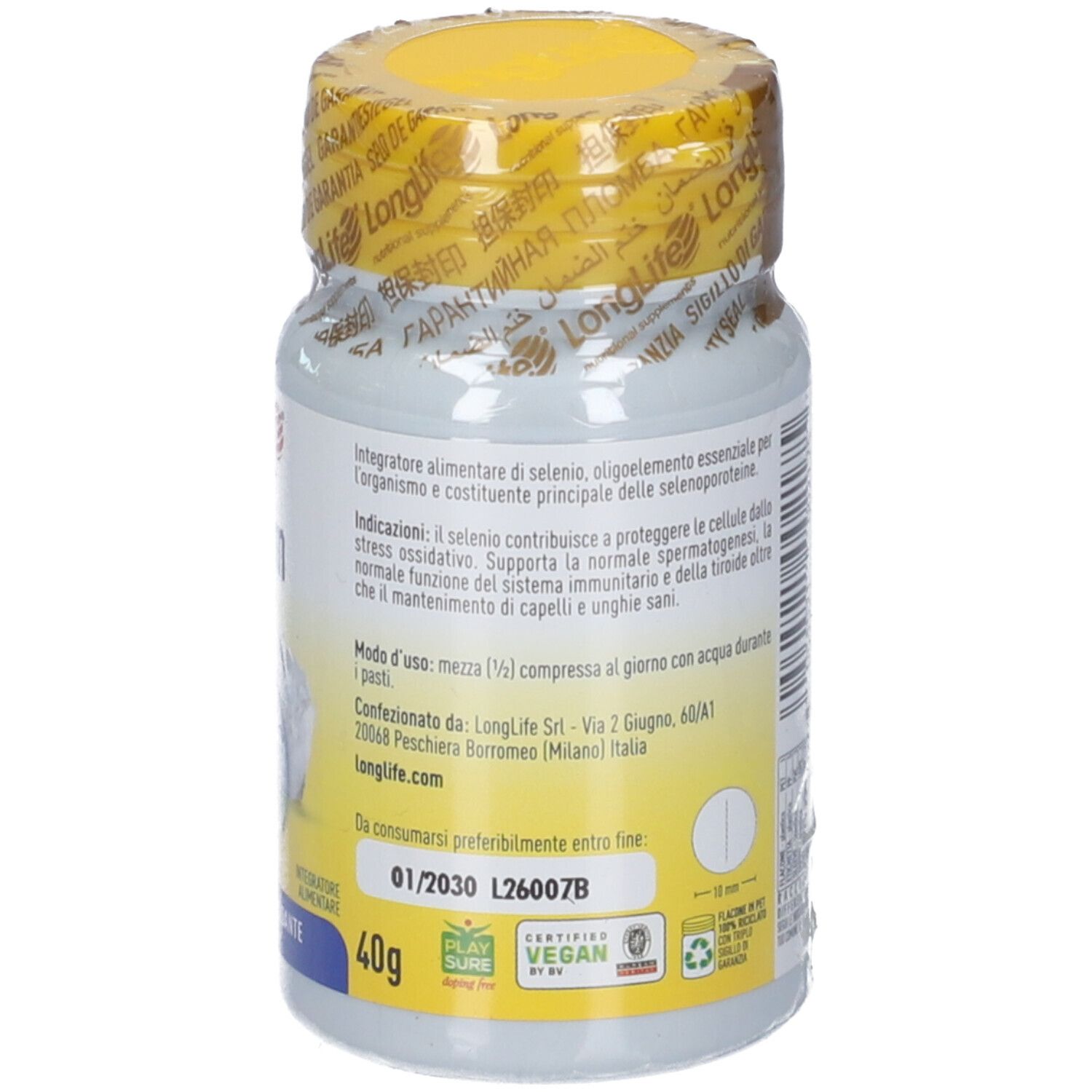 Dos de la bouteille LongLife® Selenium. Informations d'utilisation. Végétalien. 01/2030. Longlife.com. 40g.