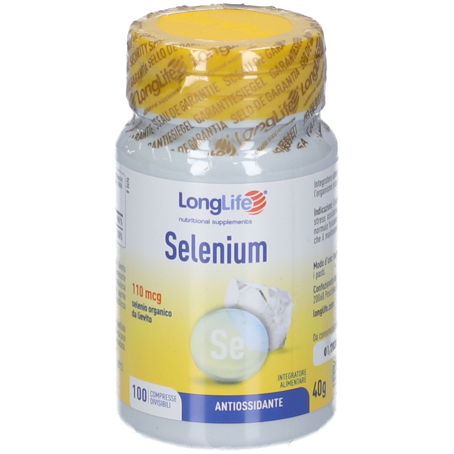 Flacon de LongLife® Selenium. Inscription: 110 mcg Selenio organico da lievito. 100 comprimés divisibles. Antioxydant.