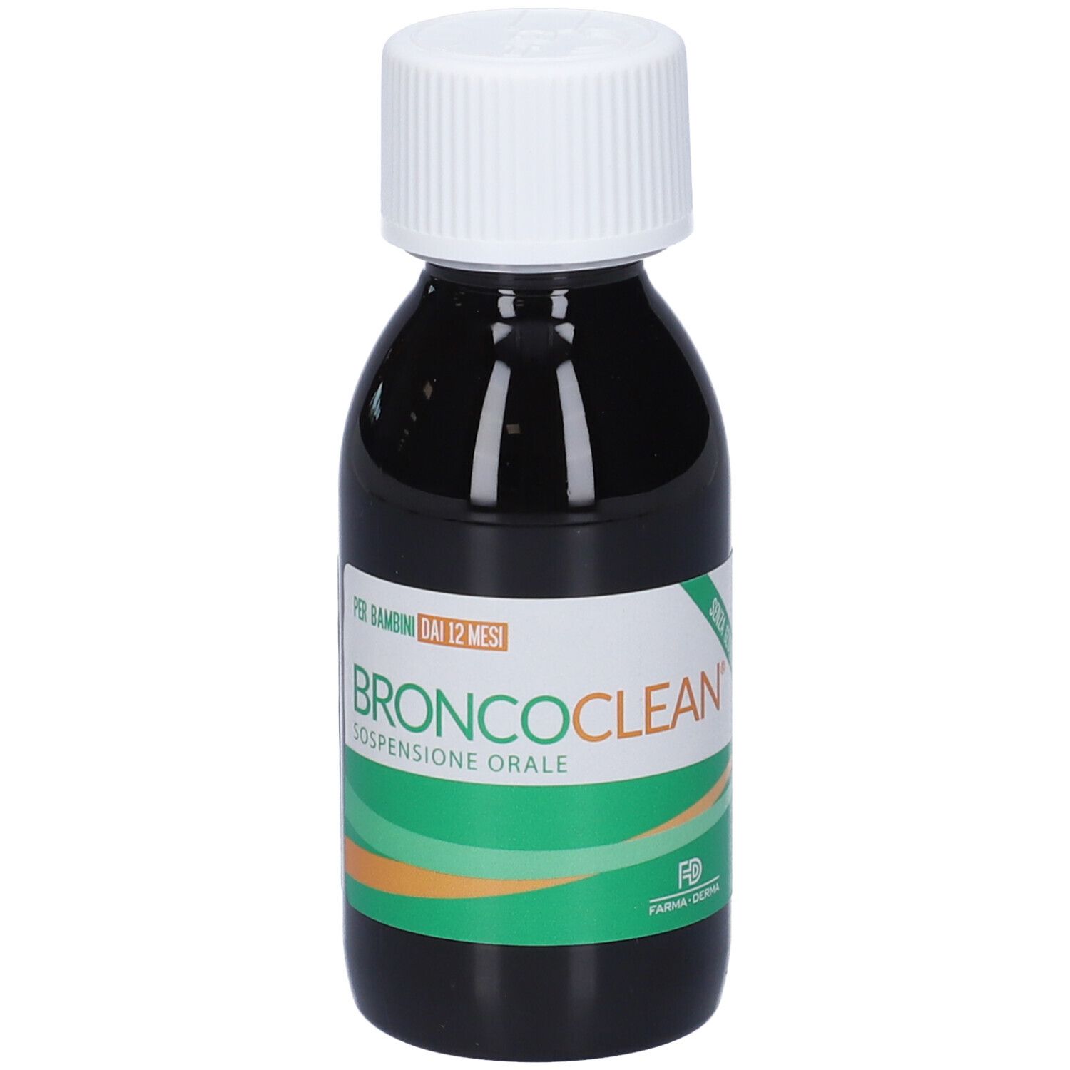 Flacon de liquide avec bouchon blanc. Inscription: BRONCOClean, Suspension orale. Étiquette verte et orange.