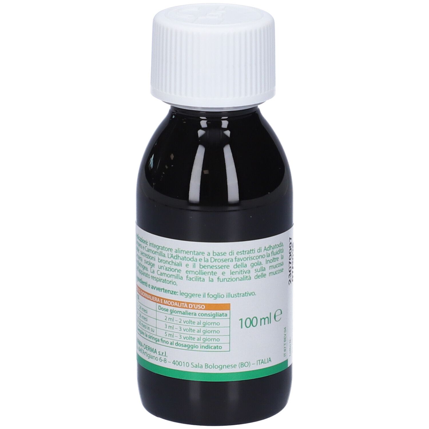Flacon de liquide avec bouchon blanc. Inscription: BRONCOClean, Suspension orale. Étiquette avec texte et instructions de dosage.