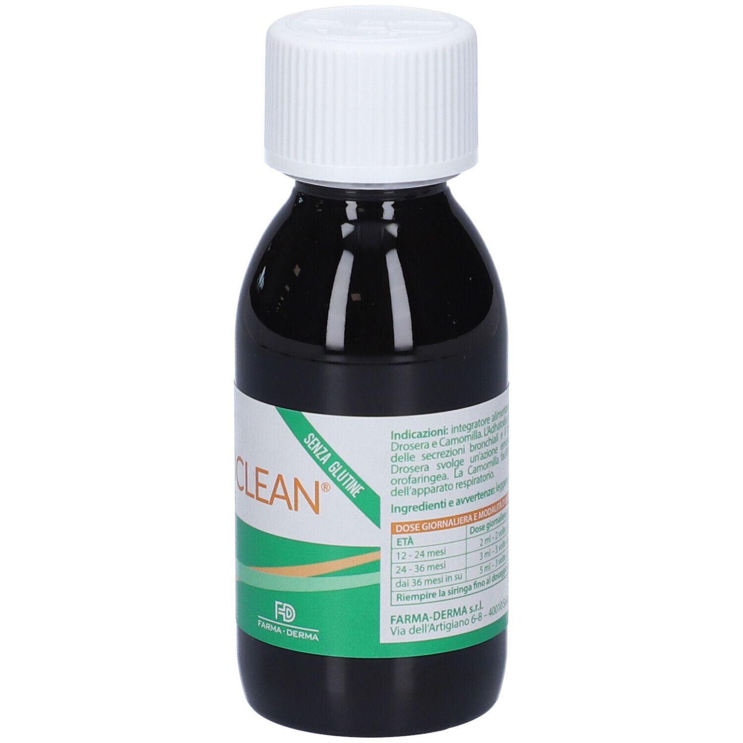 Flacon de liquide avec bouchon blanc. Inscription: BRONCOClean, Suspension orale. Étiquette avec texte et 'Senza Glutine'.