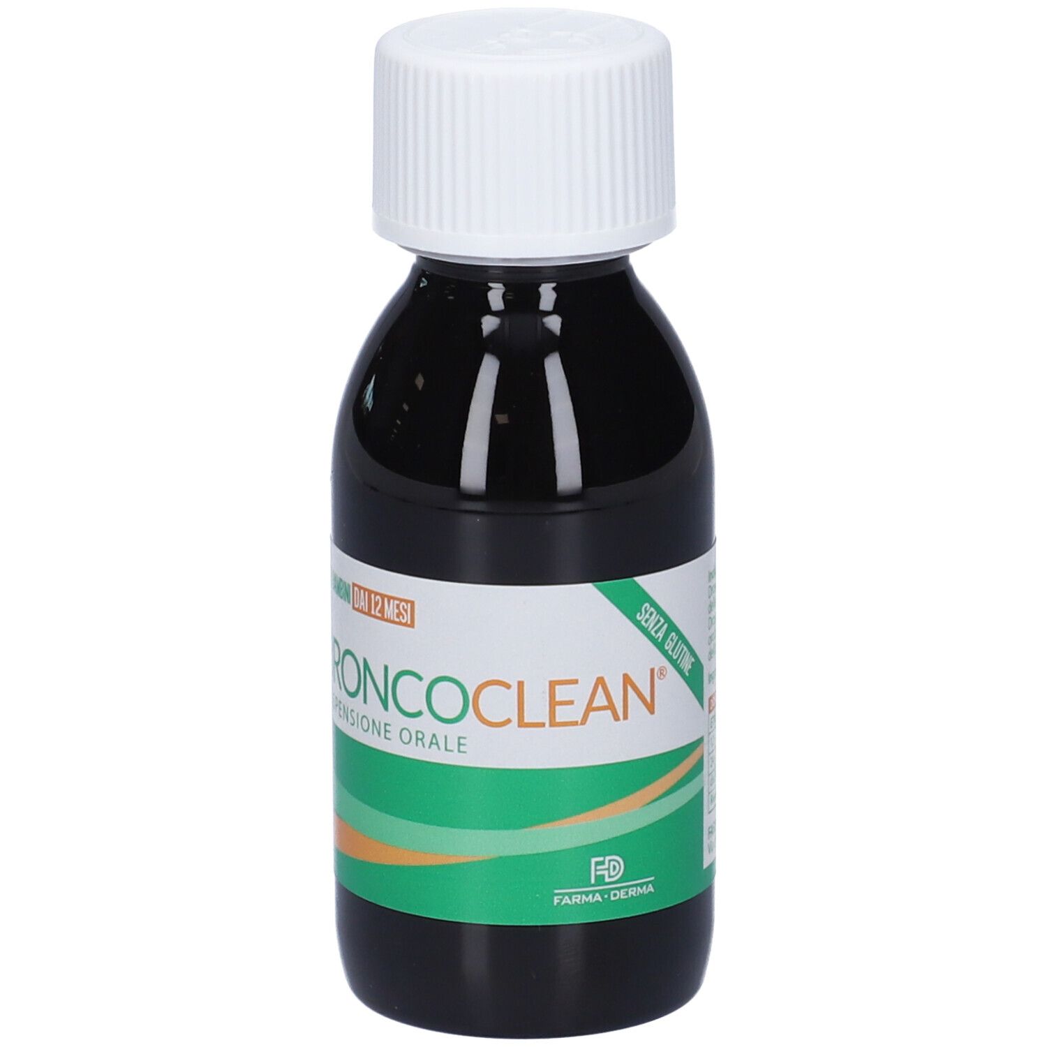 Flacon de liquide avec bouchon blanc. Inscription: BRONCOClean, Suspension orale. Étiquette avec texte et 'Senza Glutine'.