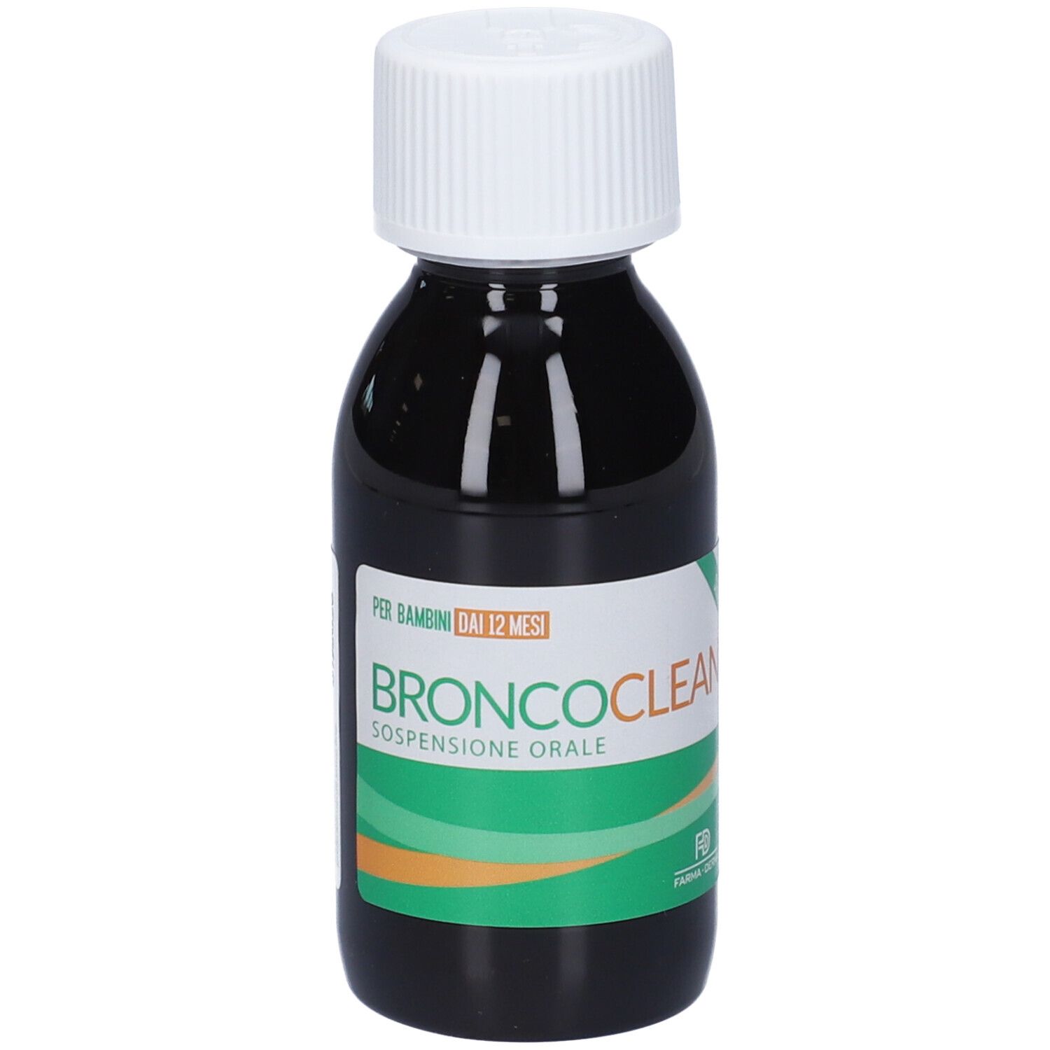 Flacon de liquide avec bouchon blanc. Inscription: BRONCOClean, Suspension orale. Étiquette avec texte.