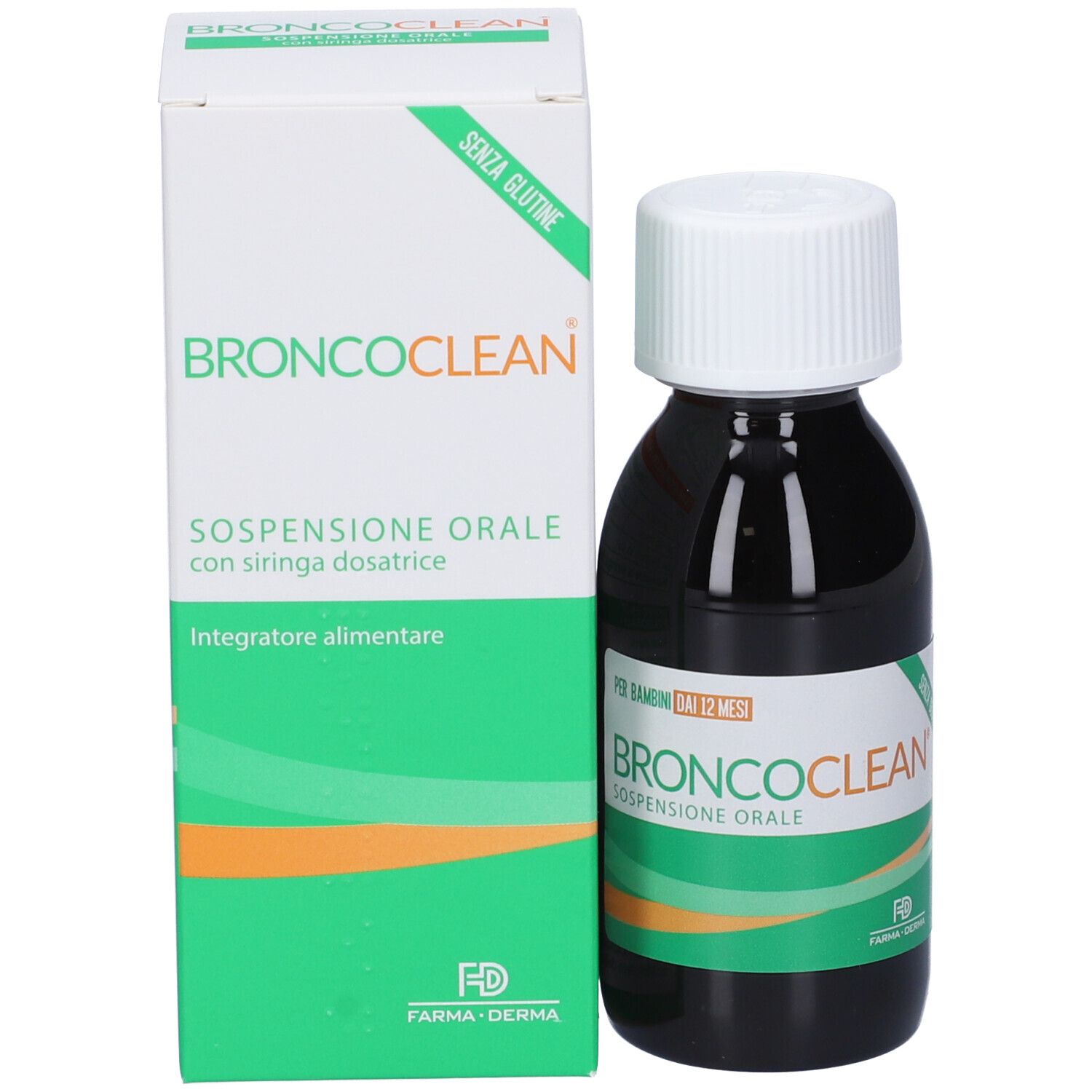 Flacon et boîte. Inscription: BRONCOClean, Suspension orale con siringa dosatrice. 'Senza Glutine'.