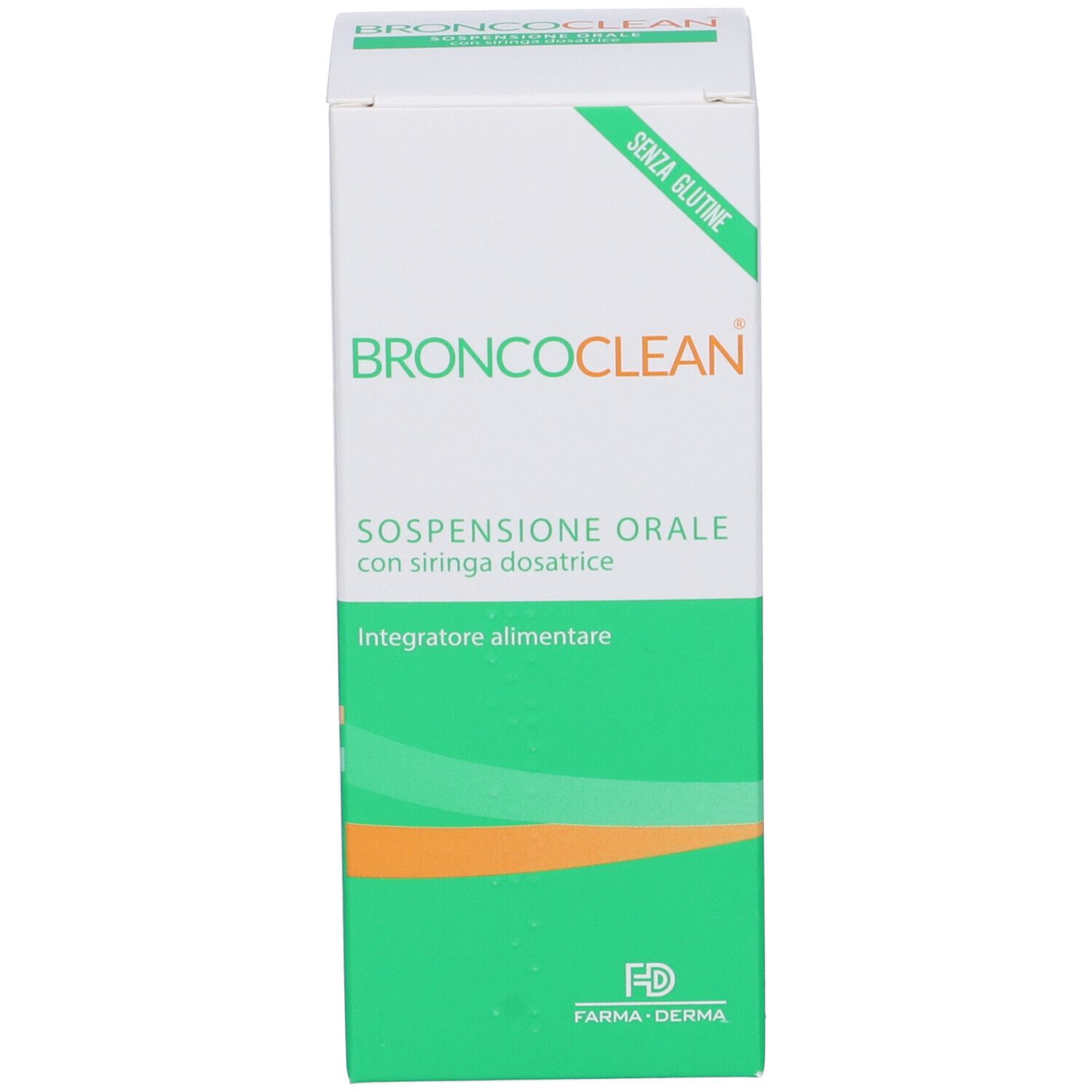 Boîte haute et rectangulaire. Inscription: BRONCOClean, Suspension orale con siringa dosatrice. 'Senza Glutine'.