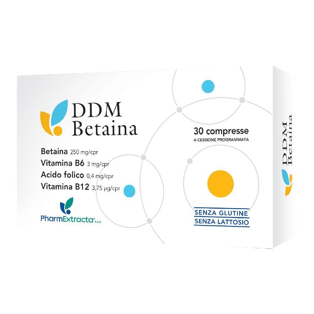 Boîte de DDM Betaina Compresse, 30 comprimés. Ingrédients et mentions sans gluten et sans lactose.