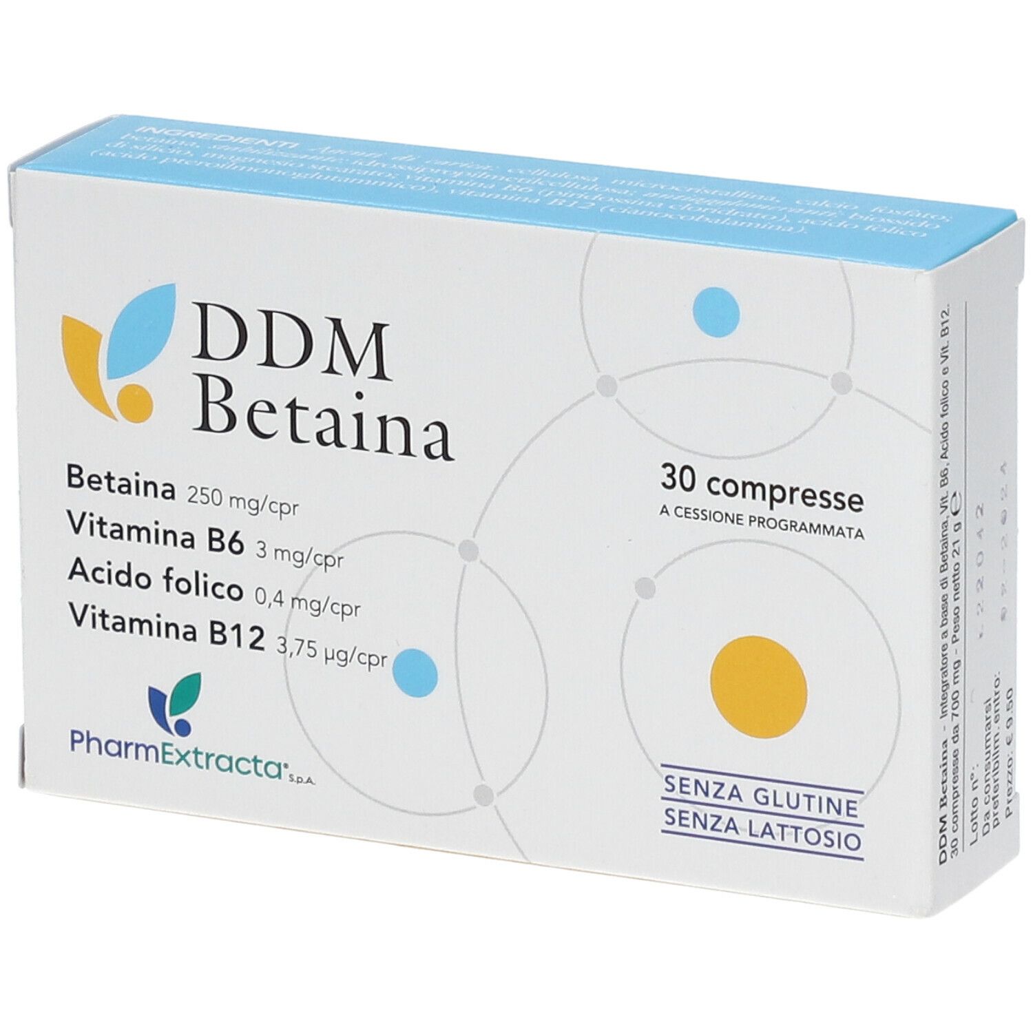 Boîte de DDM Betaina Compresse, 30 comprimés. Ingrédients et mentions sans gluten et sans lactose.