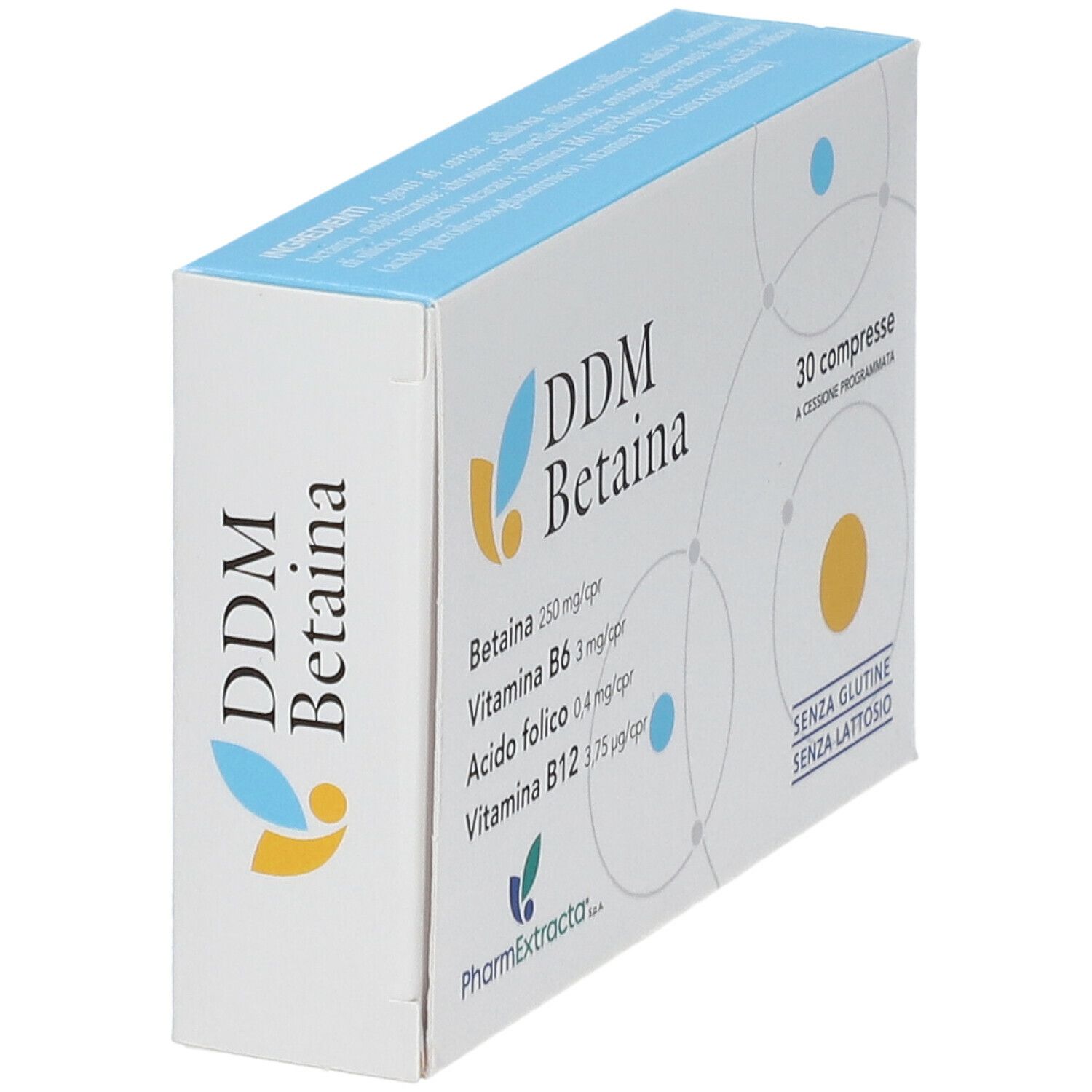 Boîte de DDM Betaina Compresse, 30 comprimés. Ingrédients et mentions sans gluten et sans lactose.