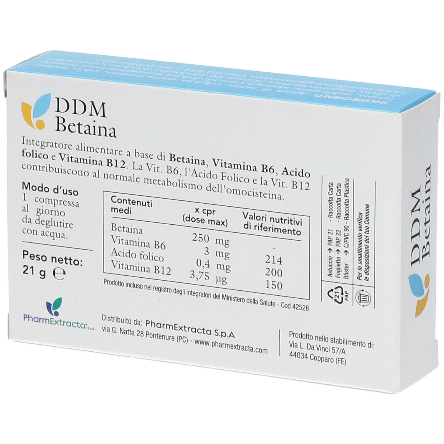 Dos de la boîte DDM Betaina Compresse. Contient ingrédients, mode d'emploi et informations nutritionnelles.