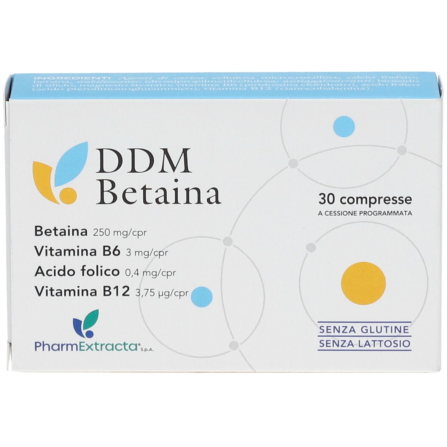 Boîte de DDM Betaina Compresse, 30 comprimés. Ingrédients et mentions sans gluten et sans lactose.