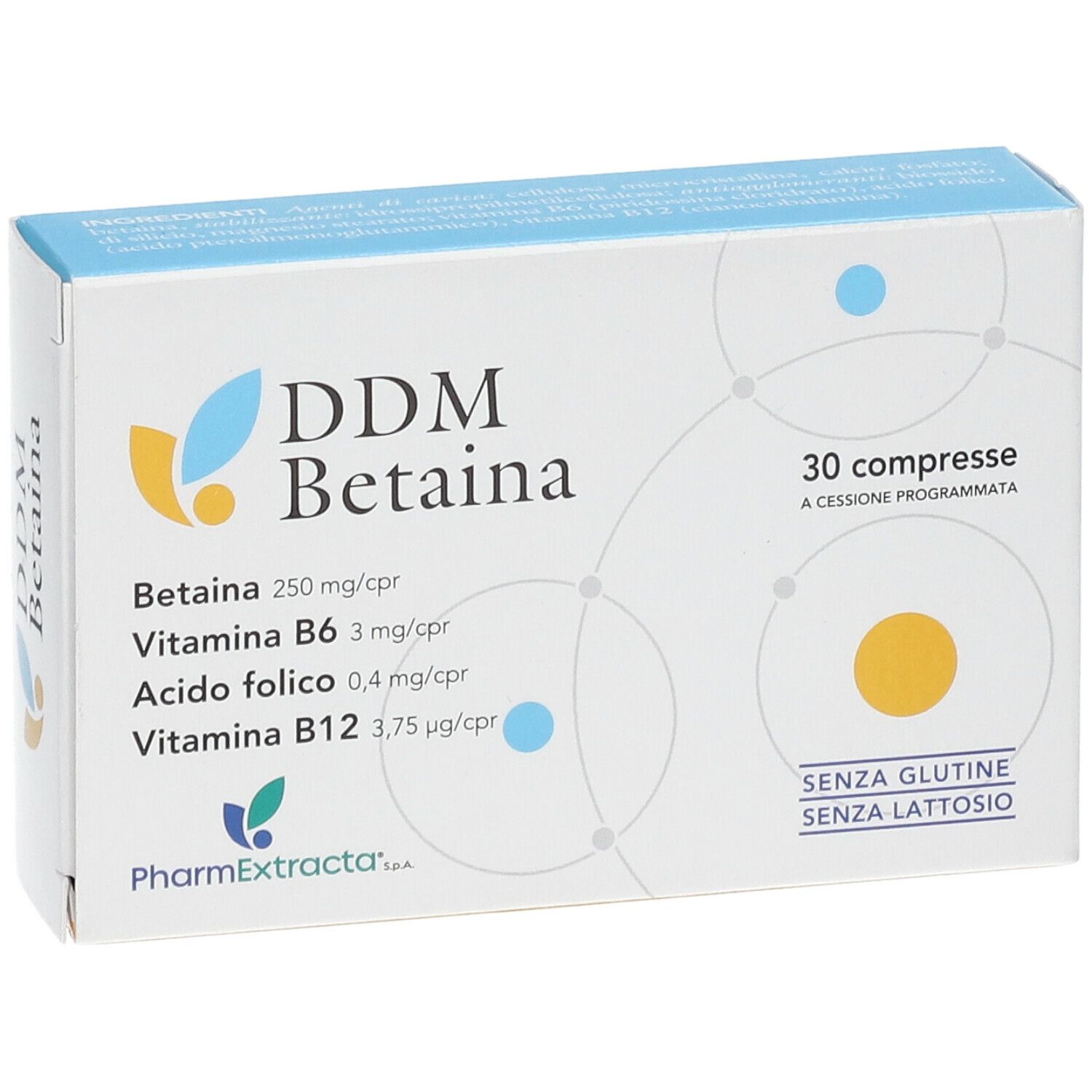 Boîte de DDM Betaina Compresse, 30 comprimés. Ingrédients et mentions sans gluten et sans lactose.