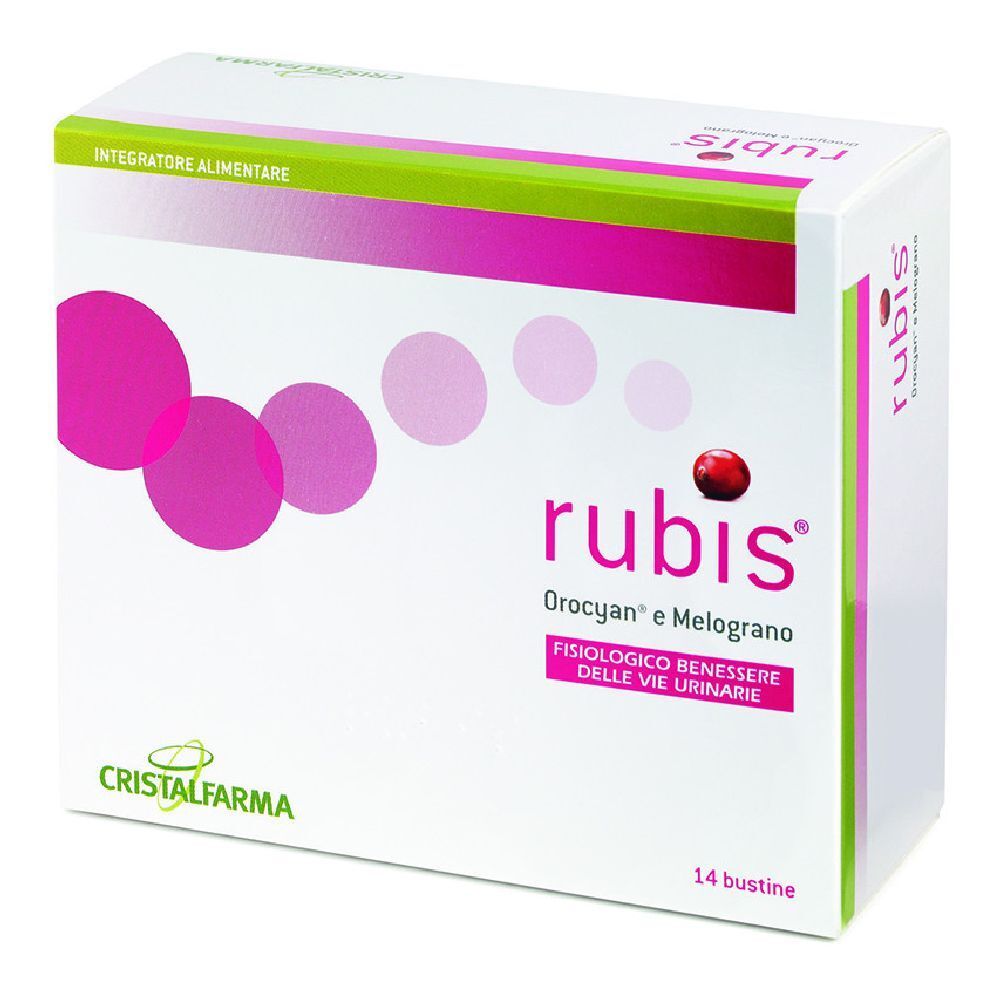 Boîte de Rubis® avec 14 sachets. Cercles roses et fruit rouge sur fond blanc. Texte : « Fisiologico benessere delle vie urinarie ».
