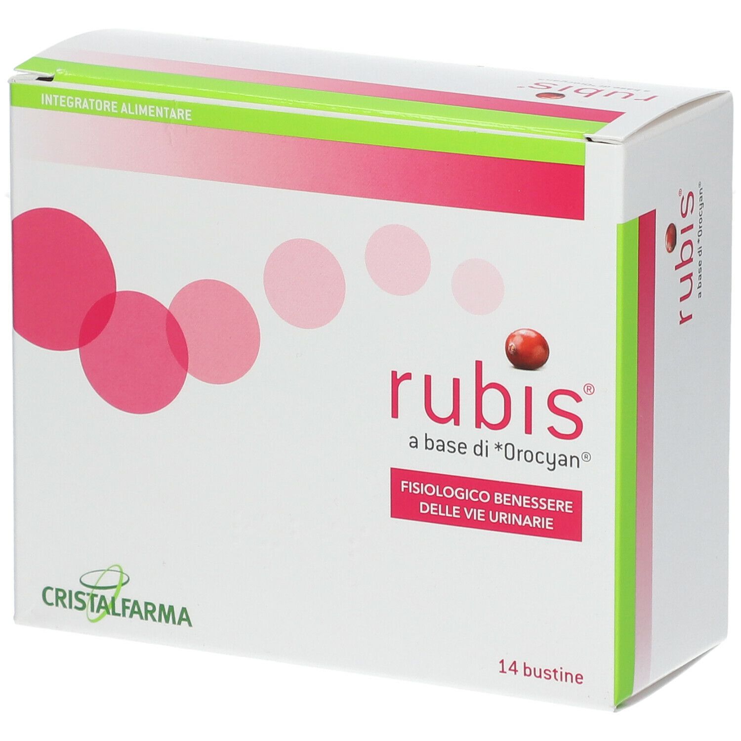 Boîte de Rubis® avec 14 sachets. Cercles roses et fruit rouge sur fond blanc. Texte : « a base di *Orocian* » et « Fisiologico benessere delle vie urinarie ».