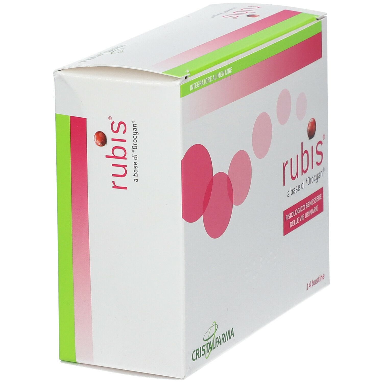 Boîte de Rubis® en biais. Cercles roses et fruit rouge sur fond blanc. Texte : « a base di *Orocian* » et « Fisiologico benessere delle vie urinarie ».